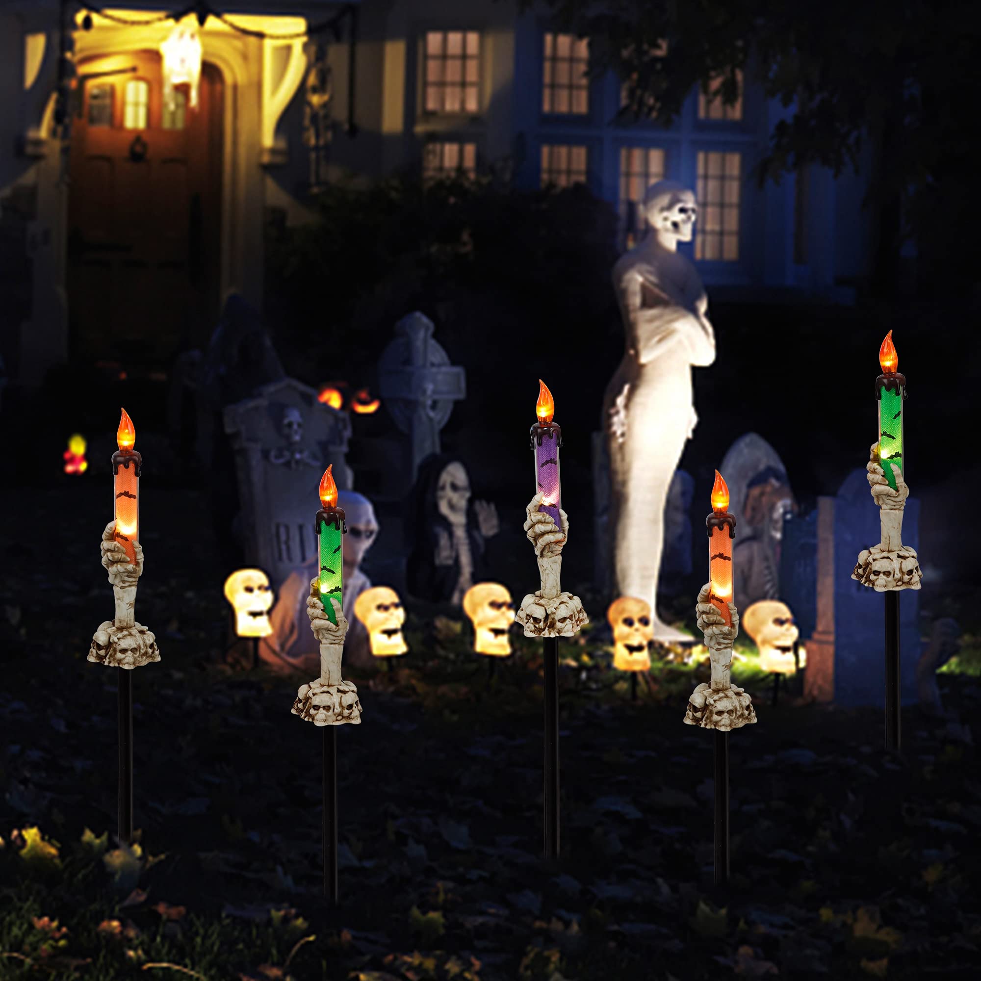 WaterGlide Halloween Candle Light Stakes - 5 Pack Skeleton Hand Pathway Markers with LED Candles | Waterproof Battery-Operated Outdoor Decor with Timer | Perfect for Halloween Yard, Garden, Party & Holiday Decorations