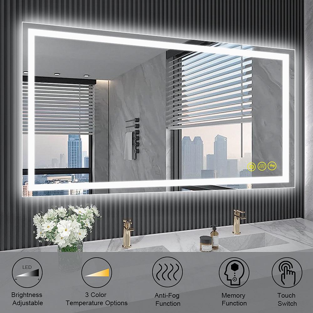 GlareGuard Rectangular Anti-Fog Dimmable LED Bathroom Mirror with Backlit - Perfect for Makeup, Shaving & Skincare Routine