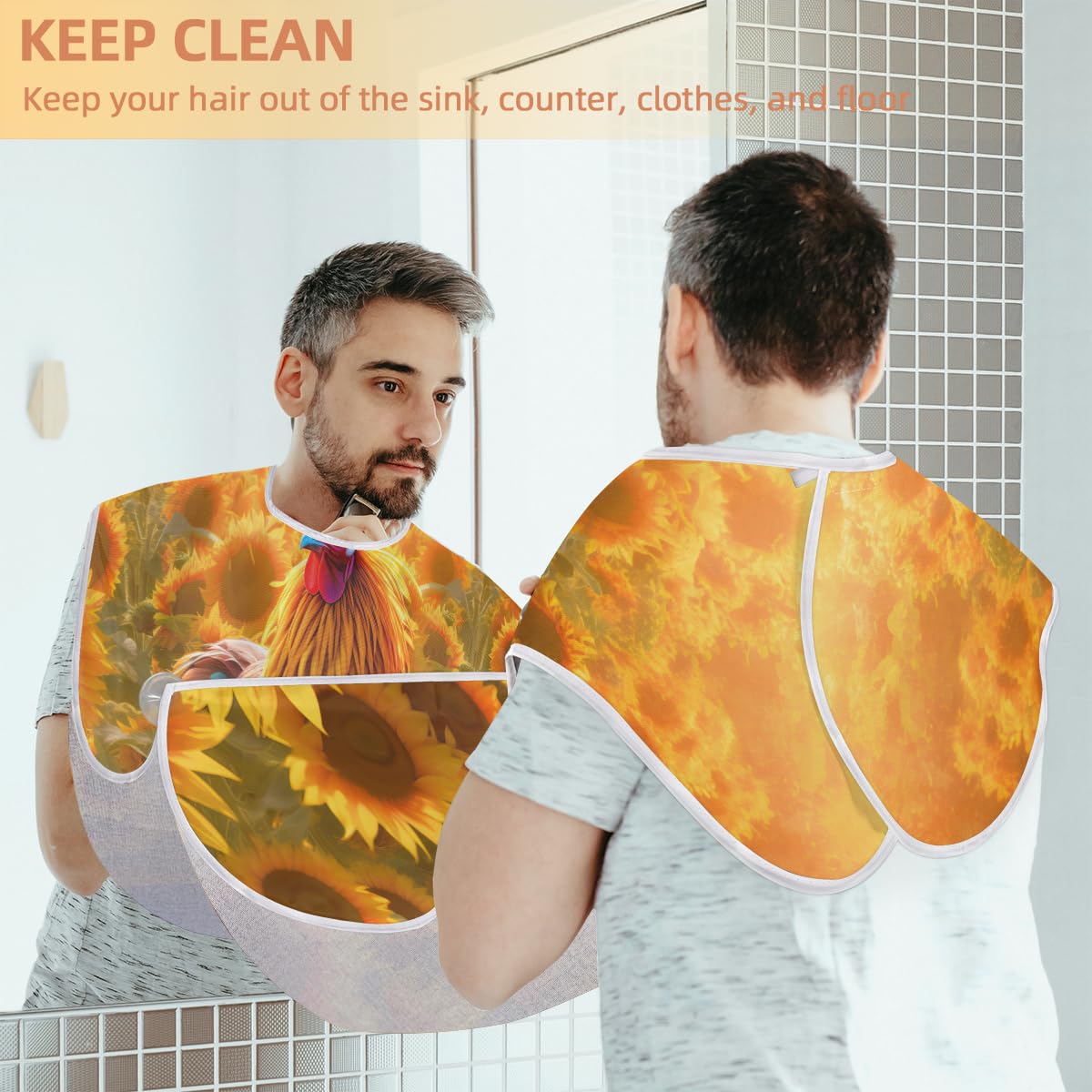 Rooster Flowers Sunflower Beard Shaving Bib for Men - Waterproof Hair Dye Apron & Barber Cape for Haircut, Beard Trimming & Makeup - Sink Hair Catcher & Styling Tool - Perfect Gift for Barbers & Grooming Enthusiasts (Great for Home Salon, Barber Shops & DIY Grooming Sessions)