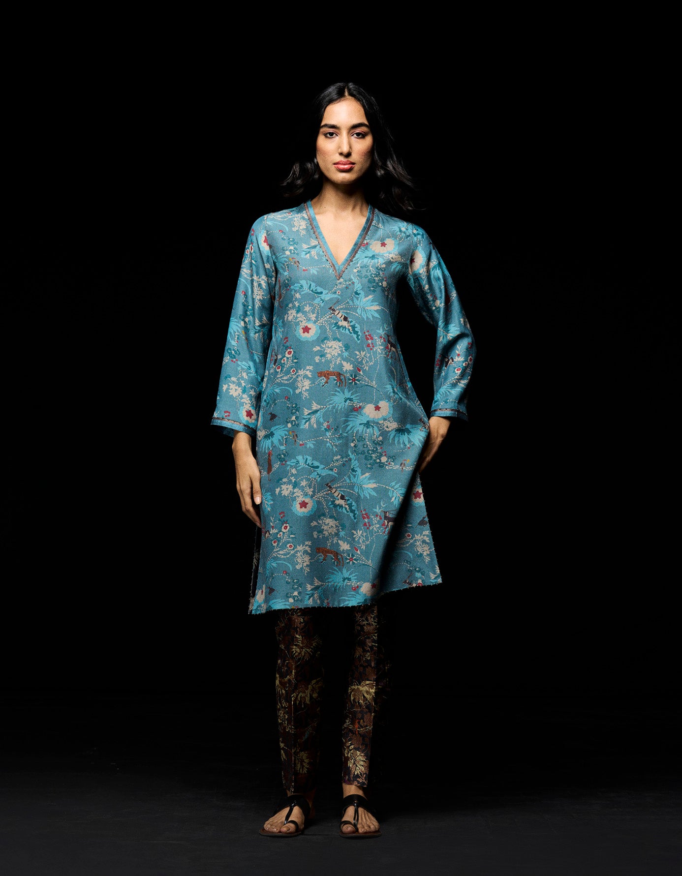 Roshan V Neck Kurta for Men - Premium Muga Satin Blue Indian Ethnic Wear - Perfect for Festivals, Weddings & Cultural Events