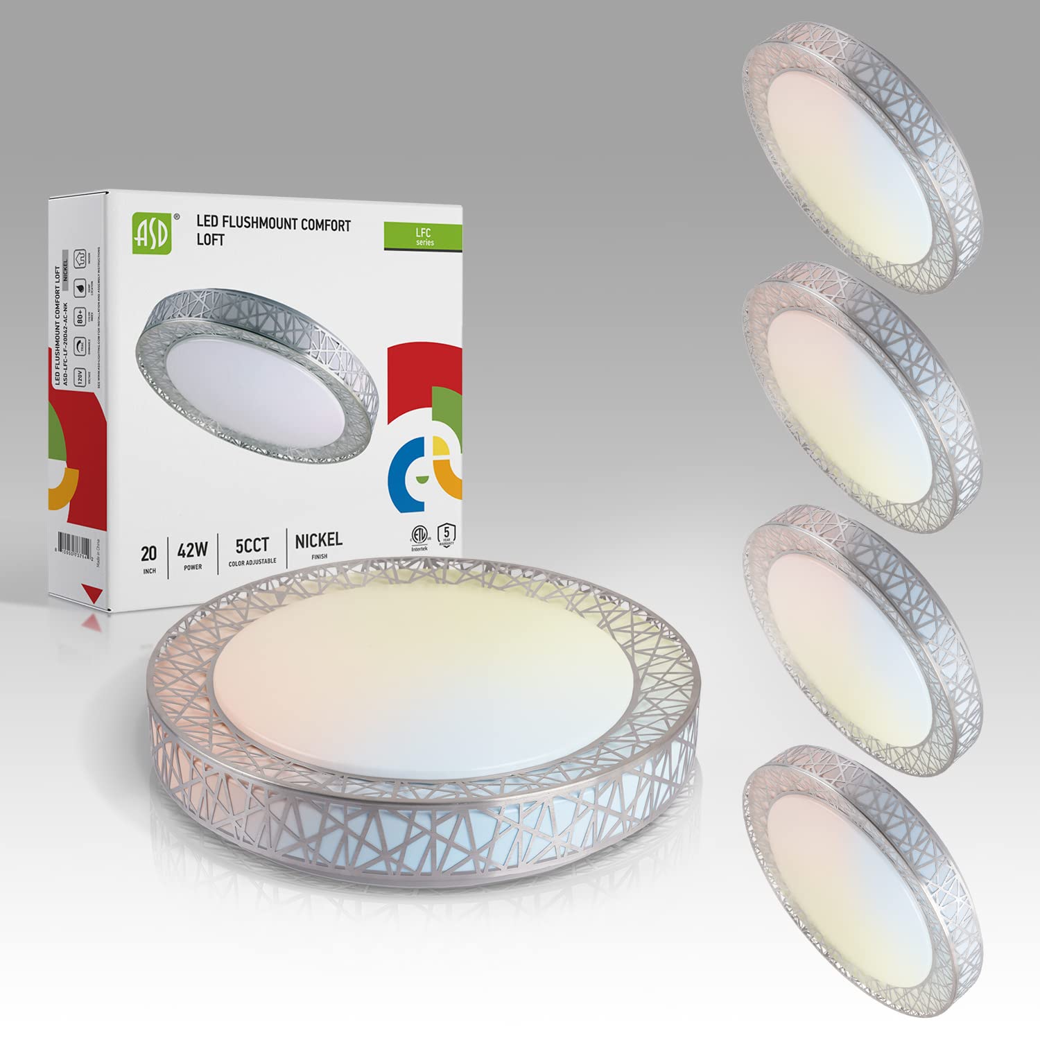 20 Inch LED Flush Mount Ceiling Light - 42W (110W Eqv) 2475LM - Adjustable Color Temperature (2700K-5000K) - Dimmable Ultra-Thin Ceiling Fixture - Brushed Nickel Finish (4 Pack) - ETL Certified - Perfect for Bedroom, Kitchen, Hallway, Office and Living Room Lighting