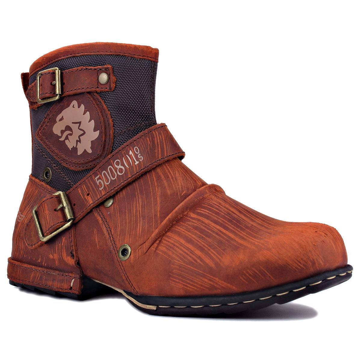 OSSTONE Men's Fashion Leather Chukka Boots - Retro Style Zipper-Up Motorcycle Boots OS-5008-1-DA1B1 for Casual Wear & Riding
