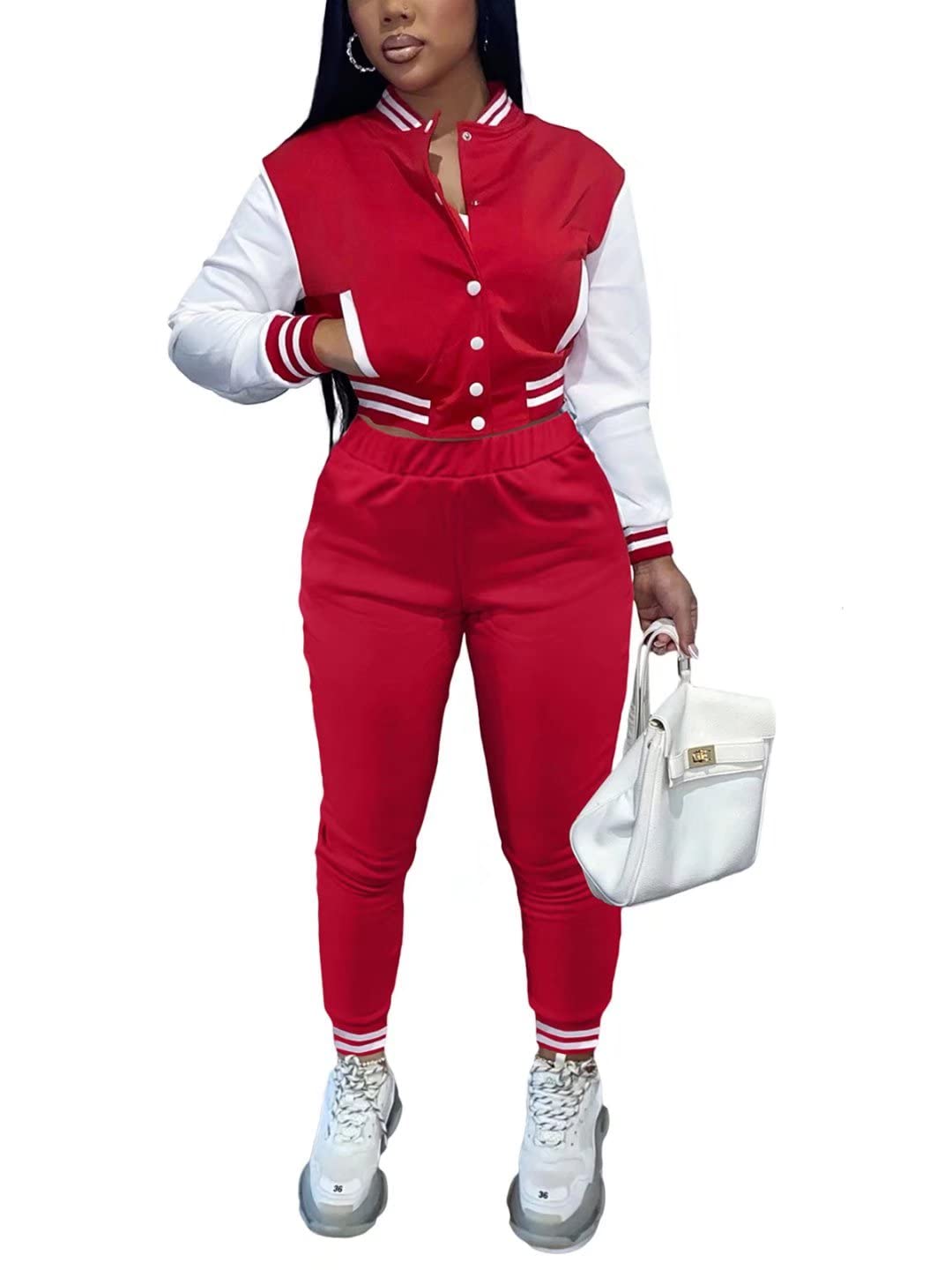 Women's 2-Piece Letterman Outfit - Bomber Crop Jacket & Jogger Pants Set with Pockets | Casual Streetwear Tracksuit for College, Sports & Everyday Fashion