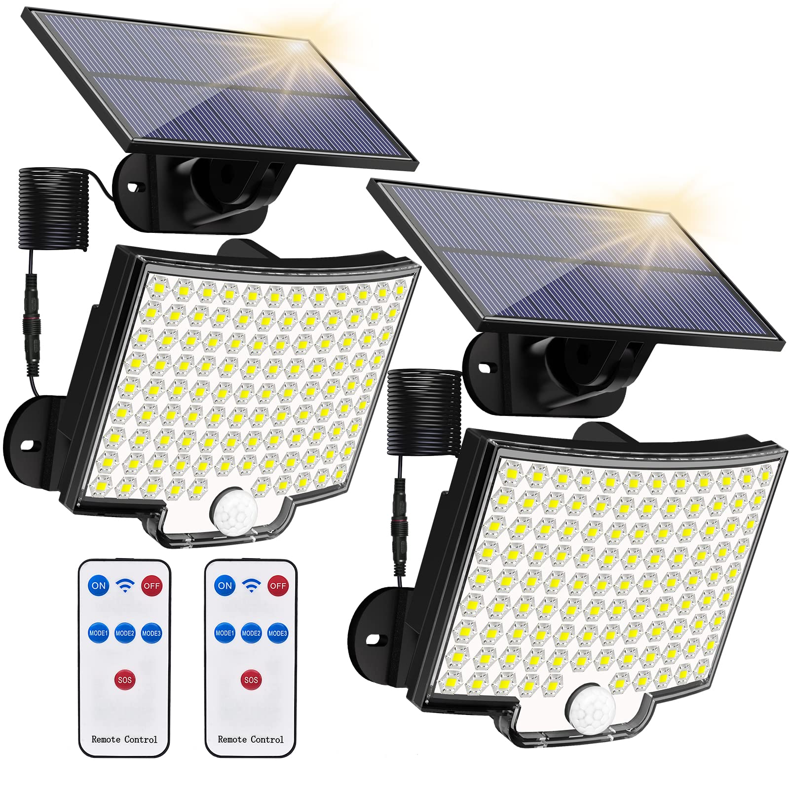 106 LED 3000LM Solar Powered Motion Sensor Flood Lights - IP65 Waterproof Outdoor Security Wall Lights with Remote & 16.5Ft Cable (2 Pack) - Perfect for Garage, Yard, Pathway & Driveway Lighting at Night