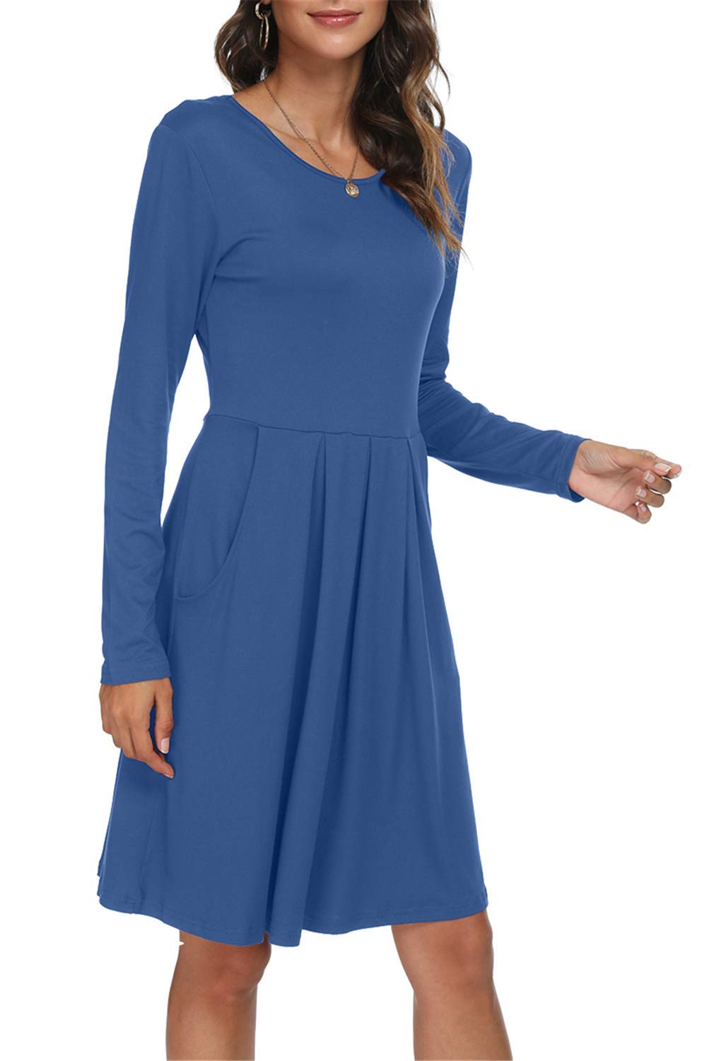 DouBCQ Women's Casual Long Sleeve Flowy Pleated Fall Dresses with Pockets - Elegant Office Wear & Autumn Date Outfit
