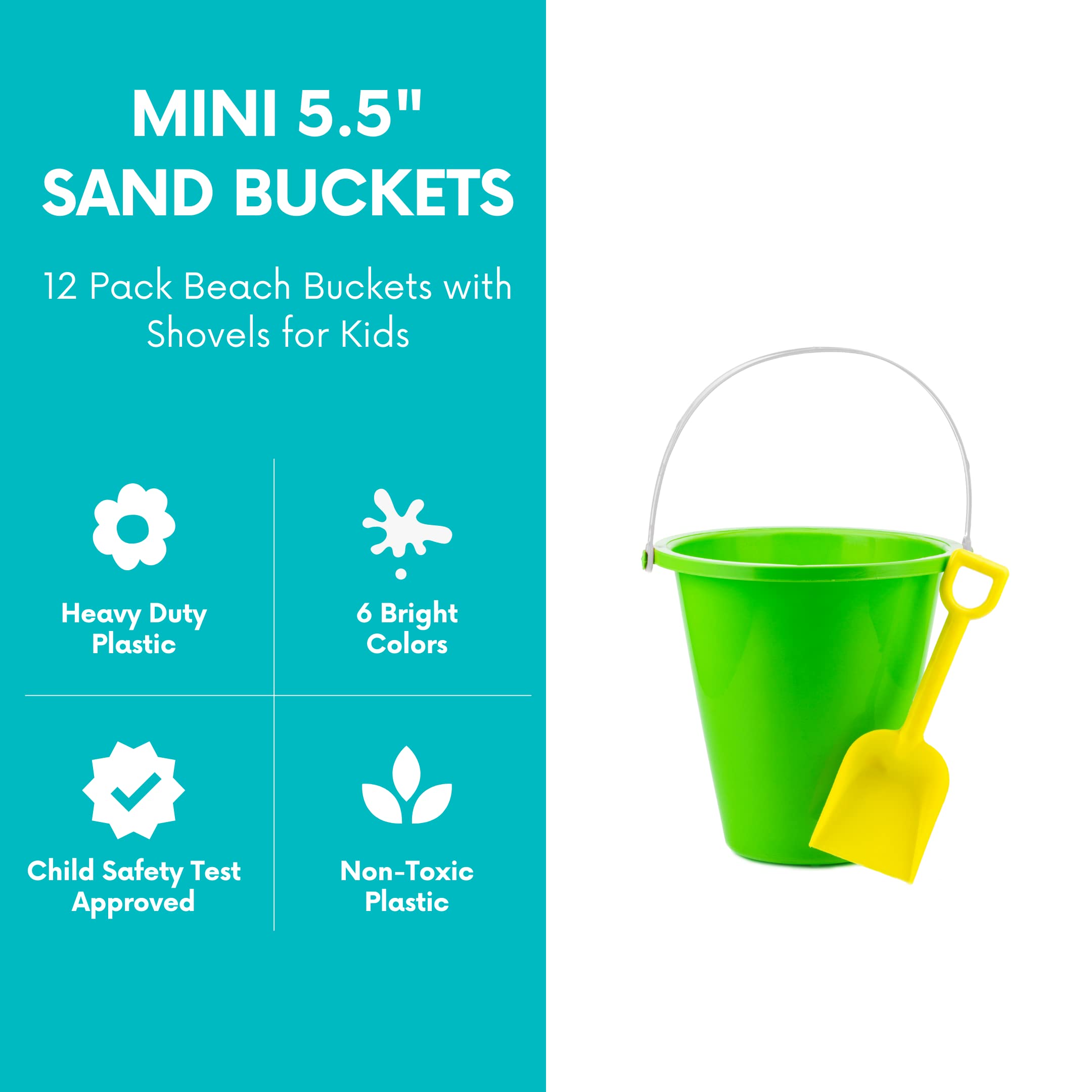12 Pack Kids Sand Buckets and Shovels Set - 5.5 Inch Small Beach Toys for Summer Outdoor Play, Easter Basket Stuffers & Party Favors - Perfect for Beach Trips, Sandcastles, and Backyard Fun