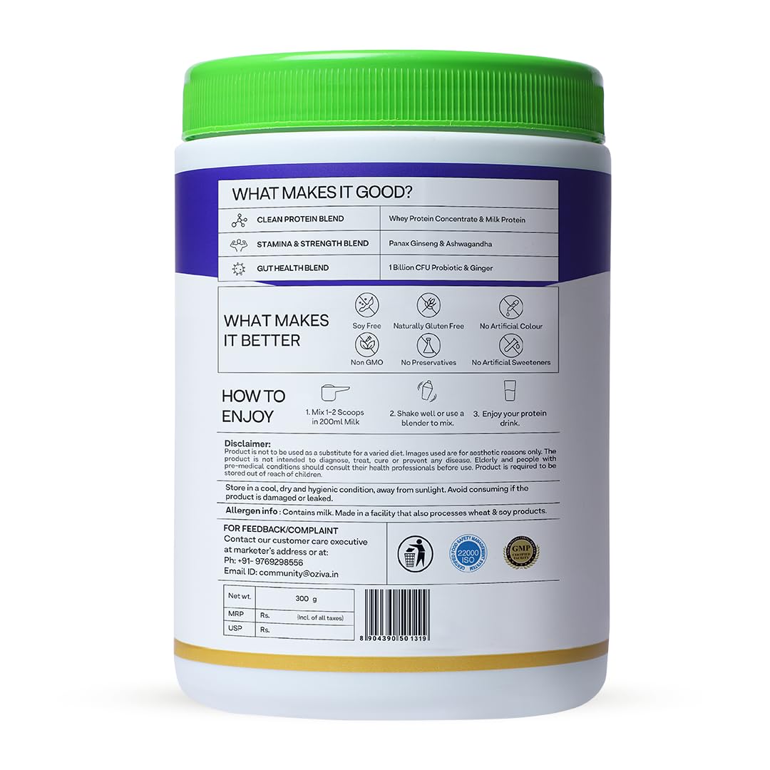 OZiva Daily Protein Activ for Men - 40G Protein Powder with Probiotics for Stamina & Muscle Growth - Vanilla Almond Flavor (300G, Pack of 1) | Ideal for Post-Workout Recovery & Active Lifestyle