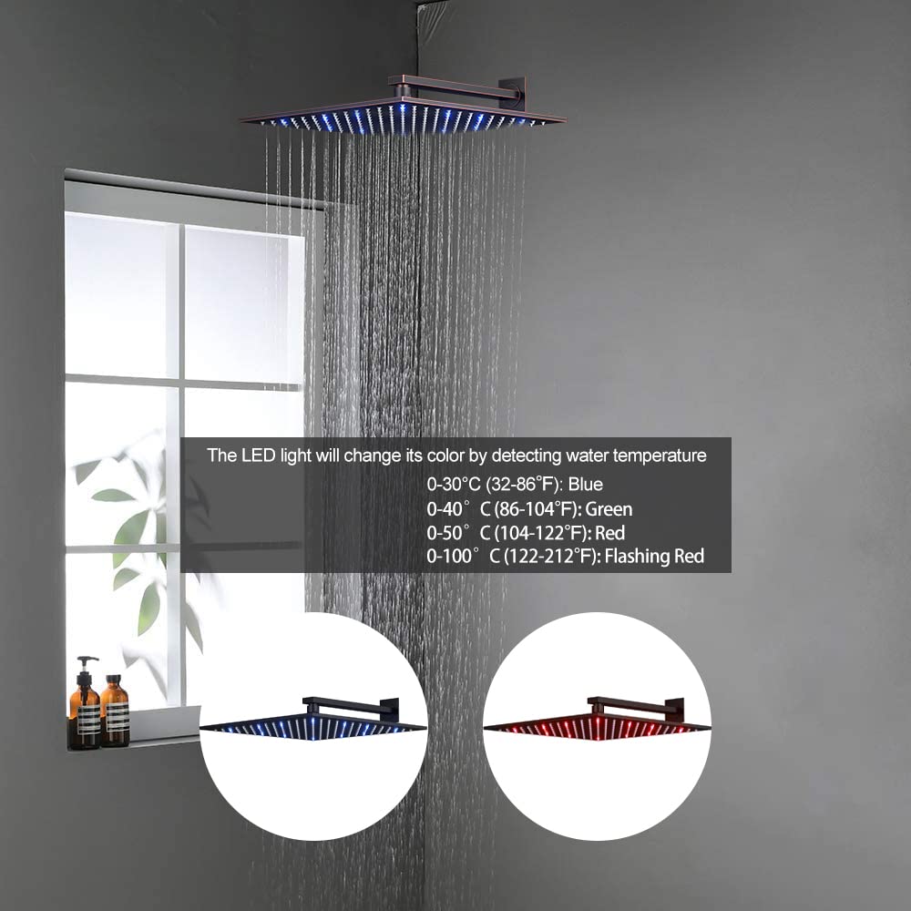 Oil Rubbed Bronze Thermostatic Shower System - 12 Inch Rainfall Shower Head, 6 Body Jets & Handheld Shower | Complete Bathroom Faucet Set for Luxurious Spa Experience at Home