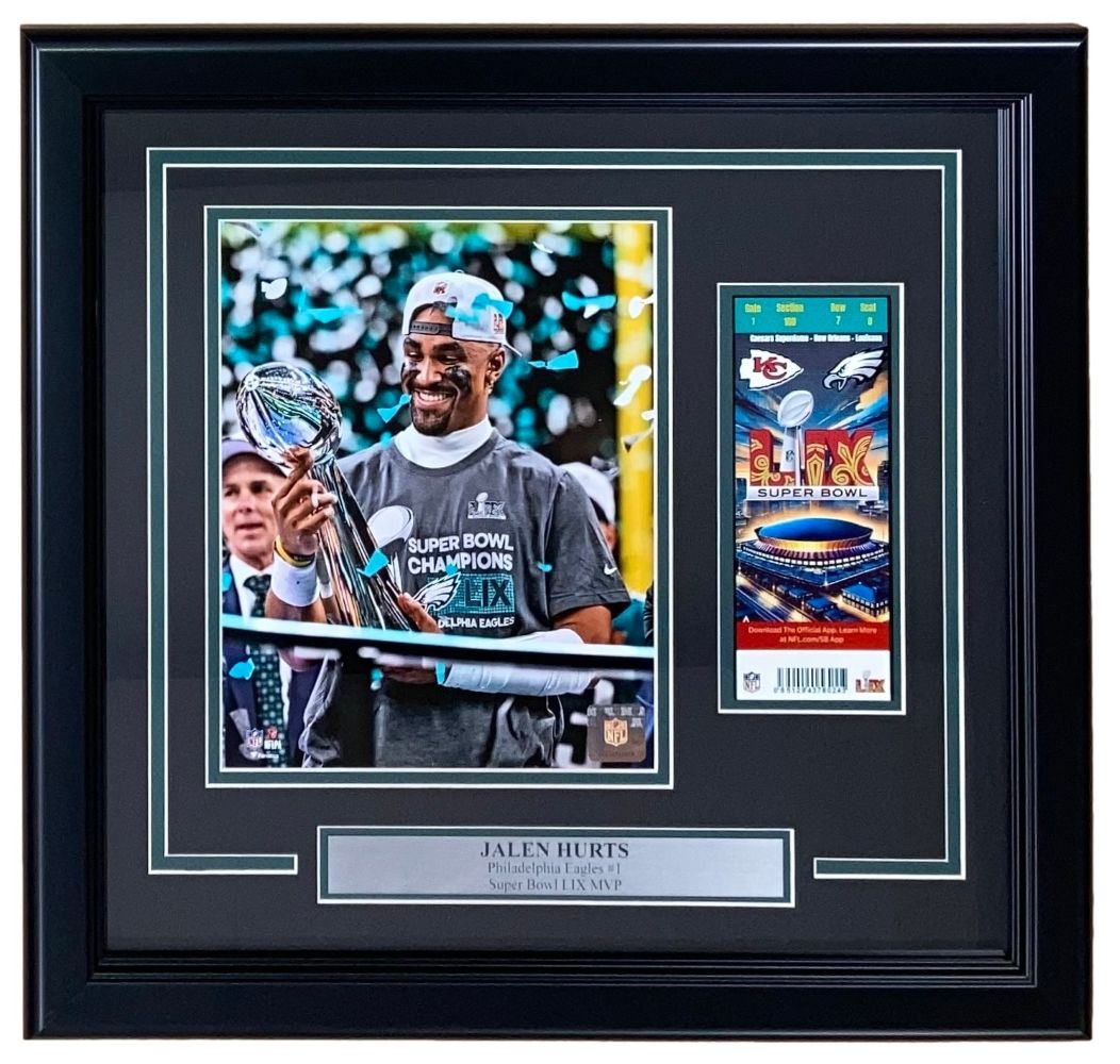 Jalen Hurts Framed 8x10 Philadelphia Eagles Super Bowl LIX MVP Trophy Photo with Replica Ticket - Perfect for Eagles Fans, Sports Memorabilia Collectors, and Man Cave Decor