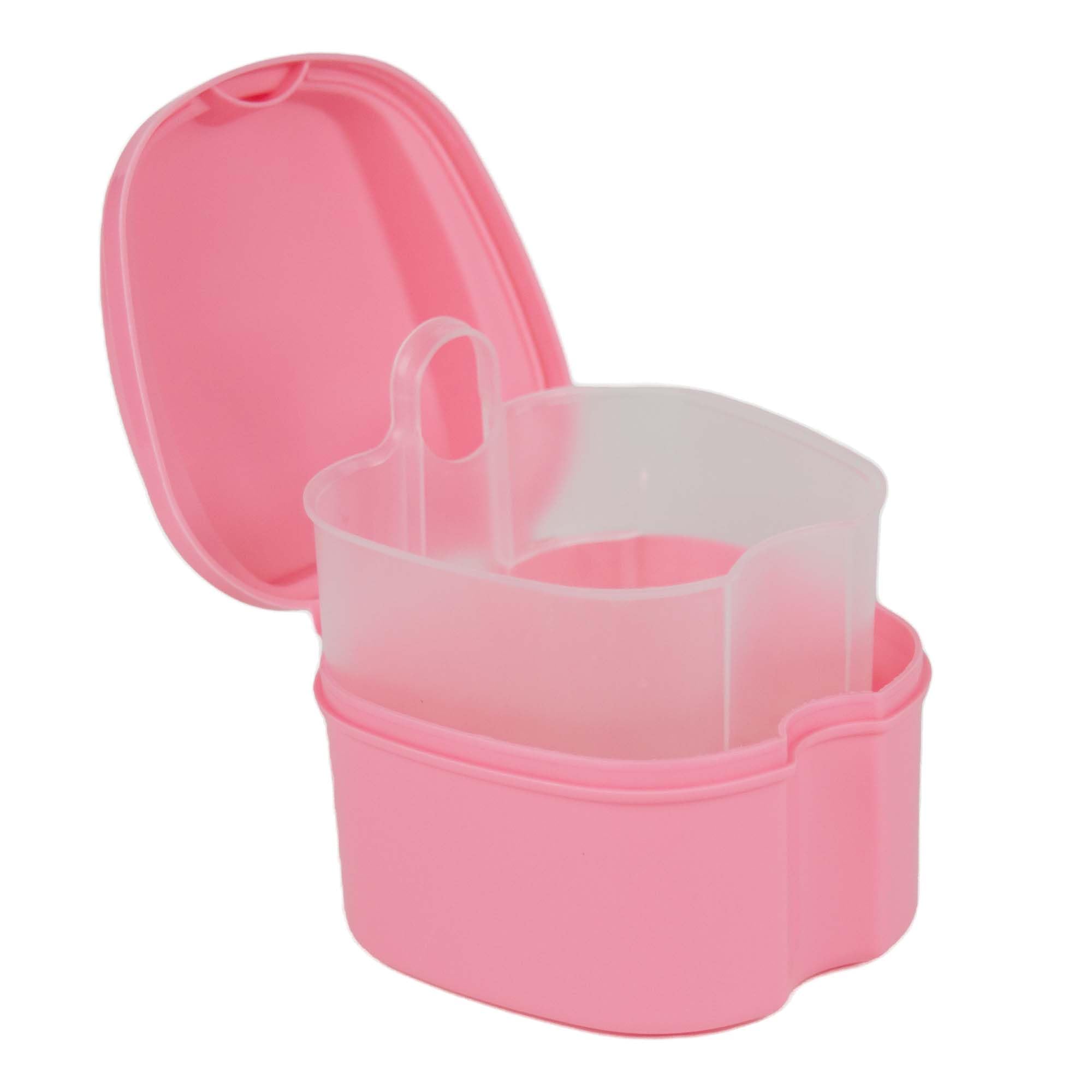 Premium Denture Case with Strainer - Night Cleaner Denture Bath Box for Retainer, Mouthguard & False Teeth - Denture Cleaning Storage Solution (Pink) - Ideal for Travel, Home Use & Overnight Soaking