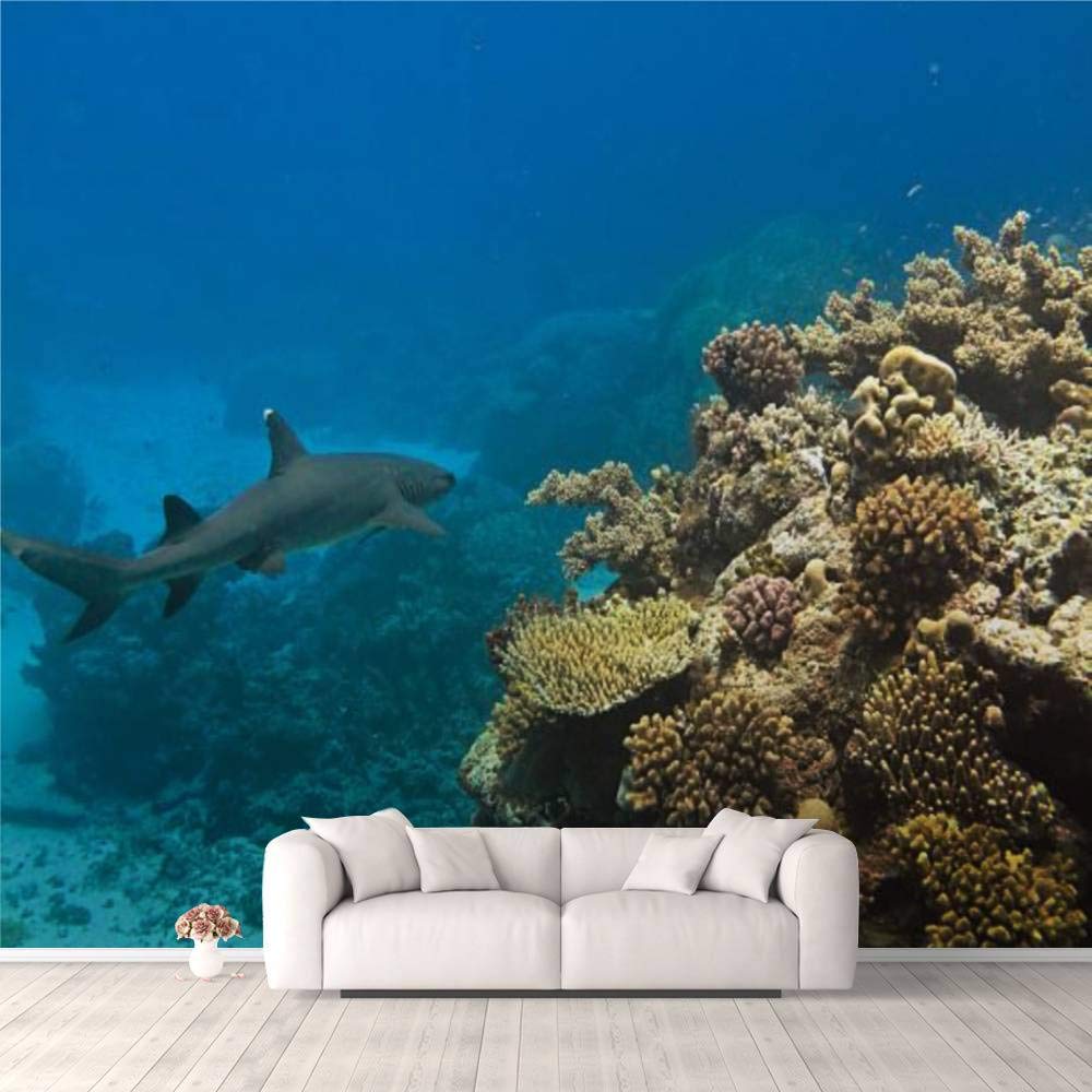 3D Self-Adhesive Wallpaper - Whitetip Shark & Great Barrier Reef Australia - Peel and Stick Wall Mural for Bedroom, Living Room, Dorm Decor - Waterproof Removable Wall Sticker for Ceiling, Wardrobe & Furniture (Perfect for Ocean Theme Rooms & Shark Lovers)