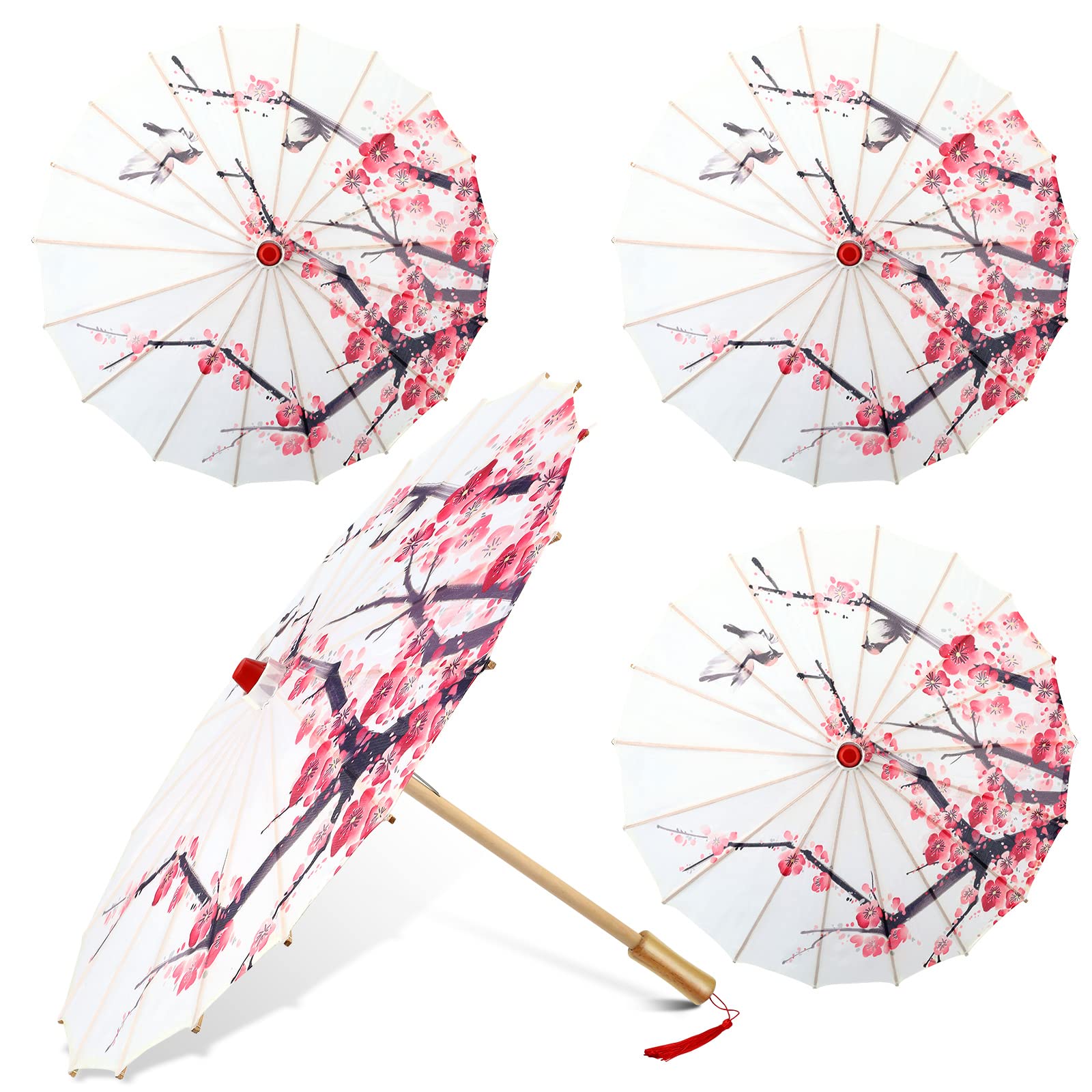 4Pcs Chinese Classical Plum Blossom Oil Paper Umbrellas - Handmade Bamboo Parasol for Wedding Decor, Photo Shoot Props, Dance Performance & Garden Party Decoration