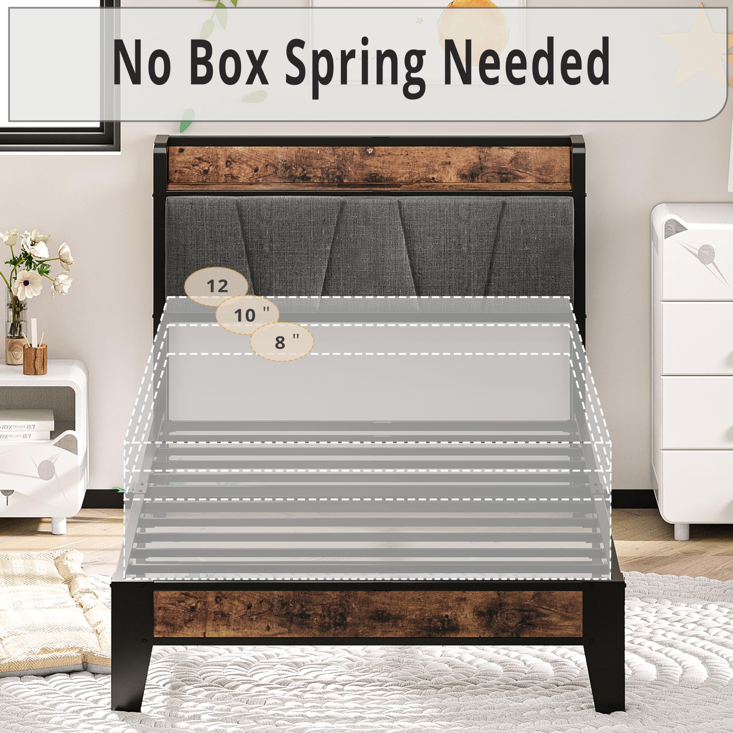 LIKIMIO Twin Bed Frame with Storage Headboard & USB Charging Station - Sturdy, Quiet, No Box Spring Needed, Easy Assembly - Perfect for Small Bedrooms, Guest Rooms & Dormitories