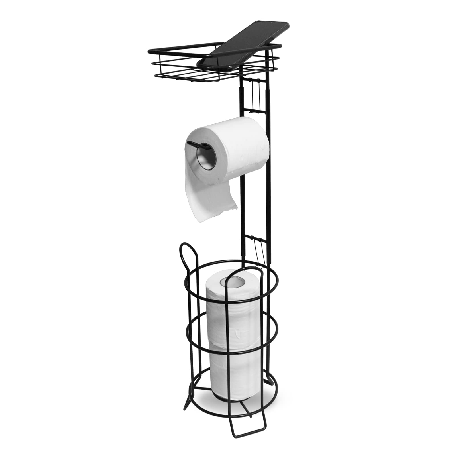 Sturdy Black Toilet Paper Holder Stand with Raised Base & Top Shelf - Bathroom Tissue Roll Dispenser & Storage Organizer for Home, Apartment, RV, and Office Use
