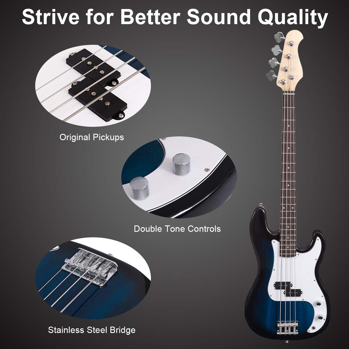 **Costzon Full Size Electric 4-String Bass Guitar Kit for Beginners – Rosewood Fingerboard & Bridge, Dual Pickups & Tone Controls, Includes Gig Bag, Strap, Picks, Amp Cable (Blue) – Perfect for Practice, Performances & Recording**