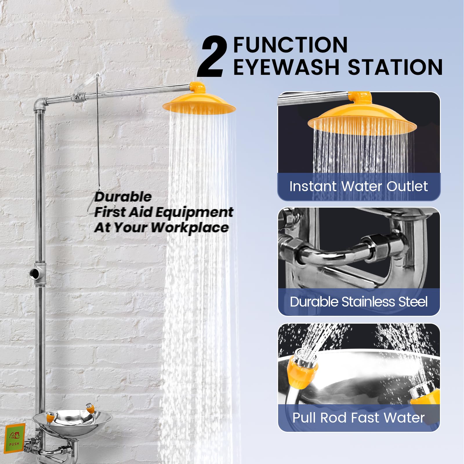 Stainless Steel Emergency Eye Wash Station with Shower - ANSI Compliant Eyewash and Shower Kit for Industrial Safety - First Aid Equipment for Chemical Splash Protection in Labs & Factories