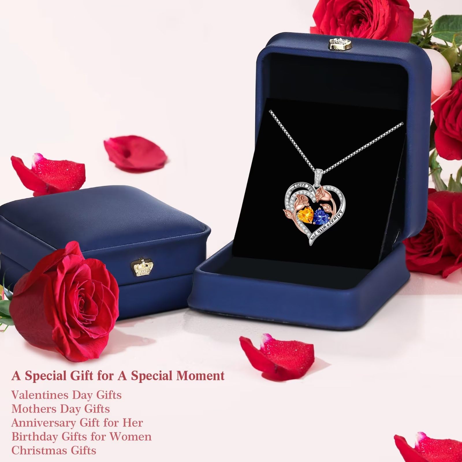 925 Sterling Silver Rose Heart Birthstone Necklace for Women - Personalized Birthday, Anniversary & Mother's Day Jewelry Gift for Wife, Mom, Daughter | Elegant Everyday Wear & Special Occasion Present