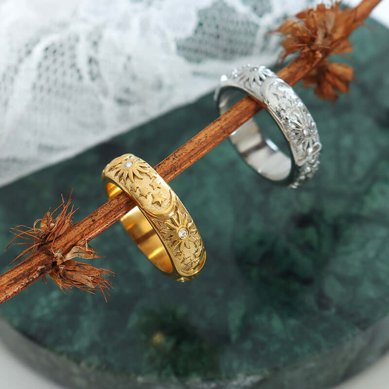 18K Vintage Gold 3D Carved Sun Moon Ring for Women - Handmade Boho Jewelry - Perfect for Gift Giving, Boho Fashion & Spiritual Occasions