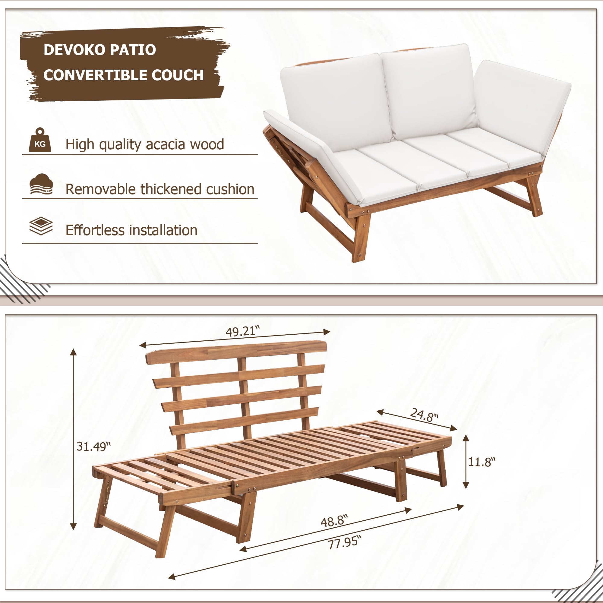 Devoko Outdoor Couch - Acacia Wood Patio Sofa with Adjustable Armrests & Removable Cushions, Convertible Lounge Furniture for Backyard, Porch, Poolside, Garden (White) - Perfect for Relaxing, Sunbathing & Outdoor Entertaining