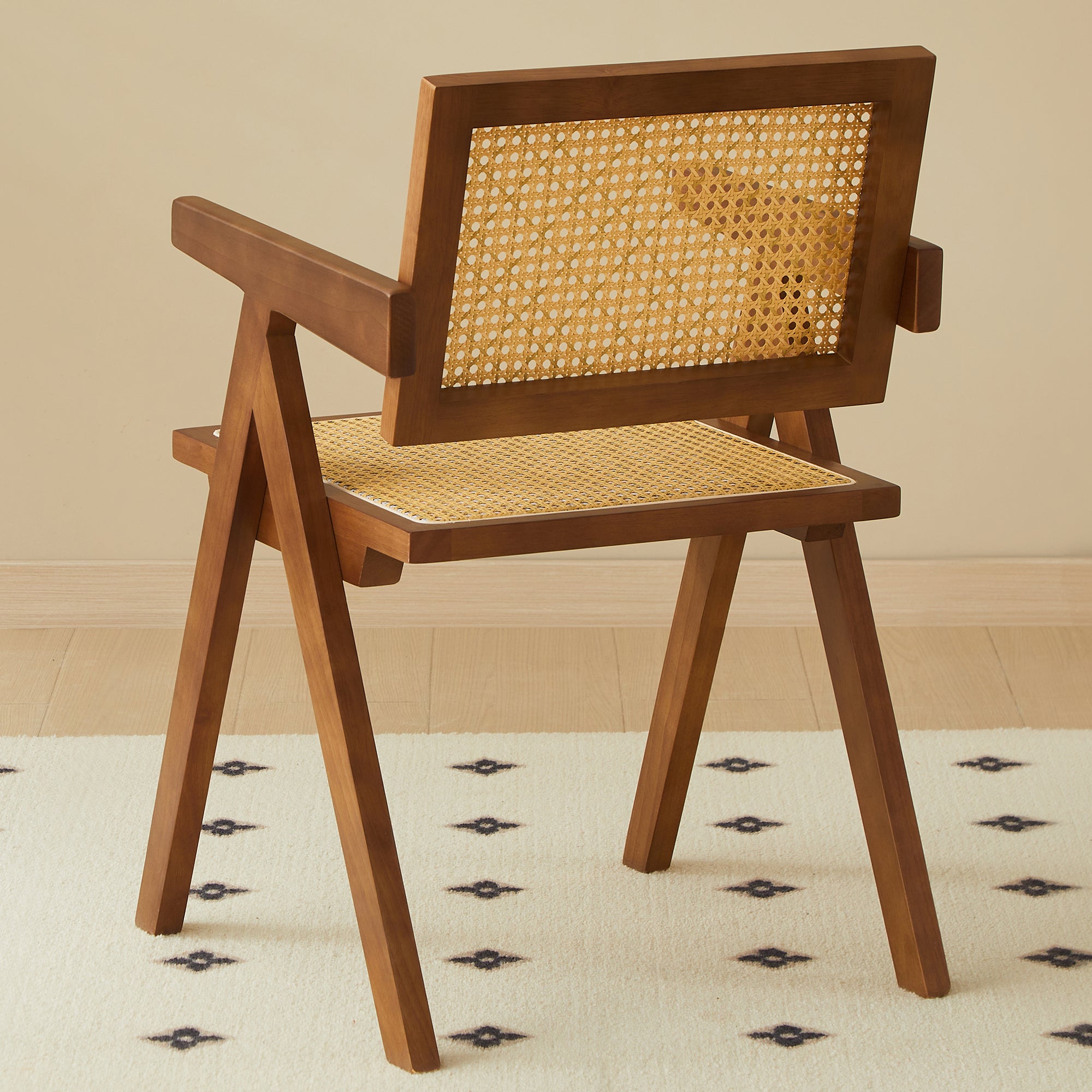 Solid Wood Dining Chairs with Armrests - Natural Rubber Wood & Rattan Woven Design for Kitchen, Dining Room, or Outdoor Patio