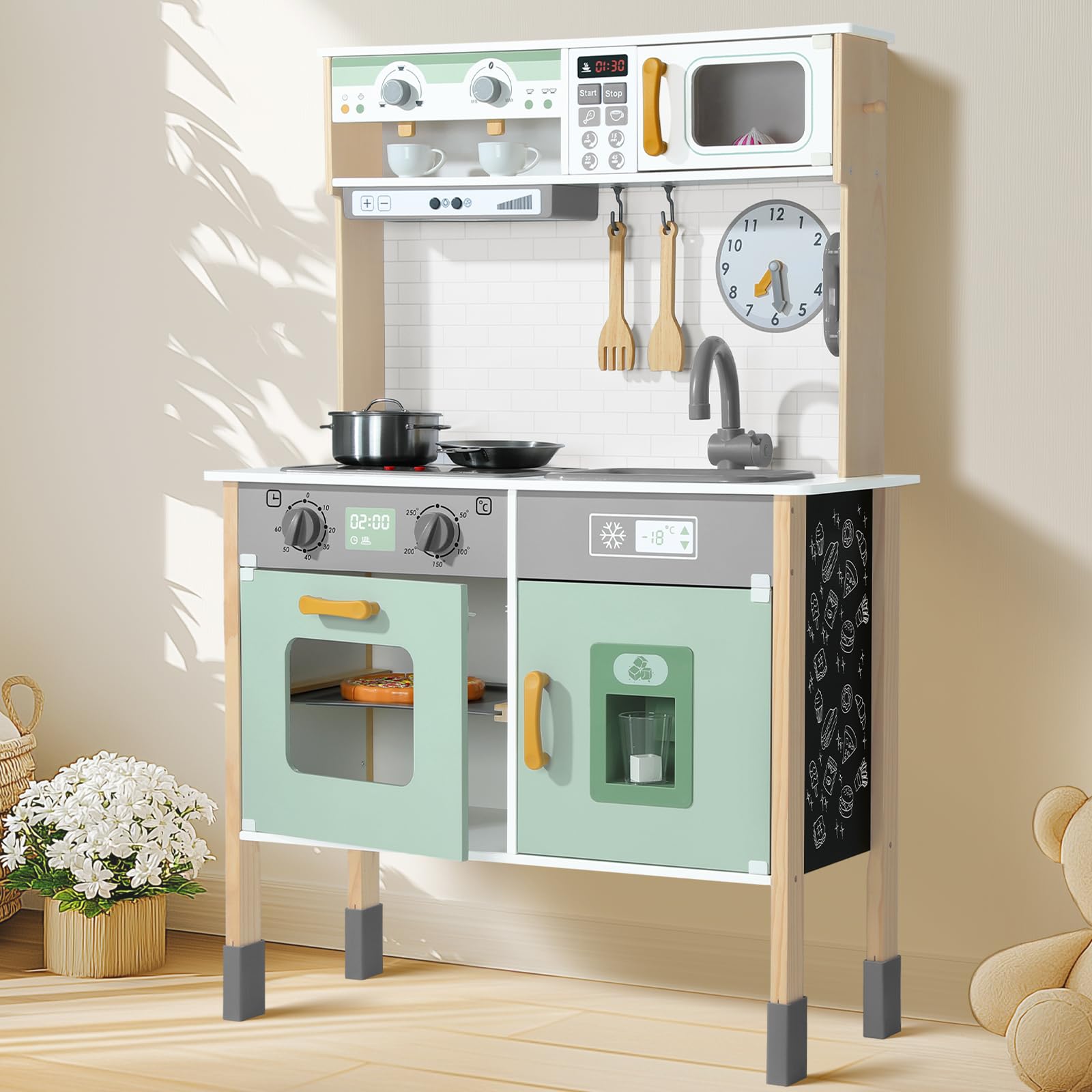 **Wooden Play Kitchen Set for Kids - Adjustable Height Pretend Toy with Real Lights & Sounds, Chalkboard & 35-Piece Toy Food & Cookware Accessories (Green) - Perfect for Pretend Play, Role-Playing & Early Learning**