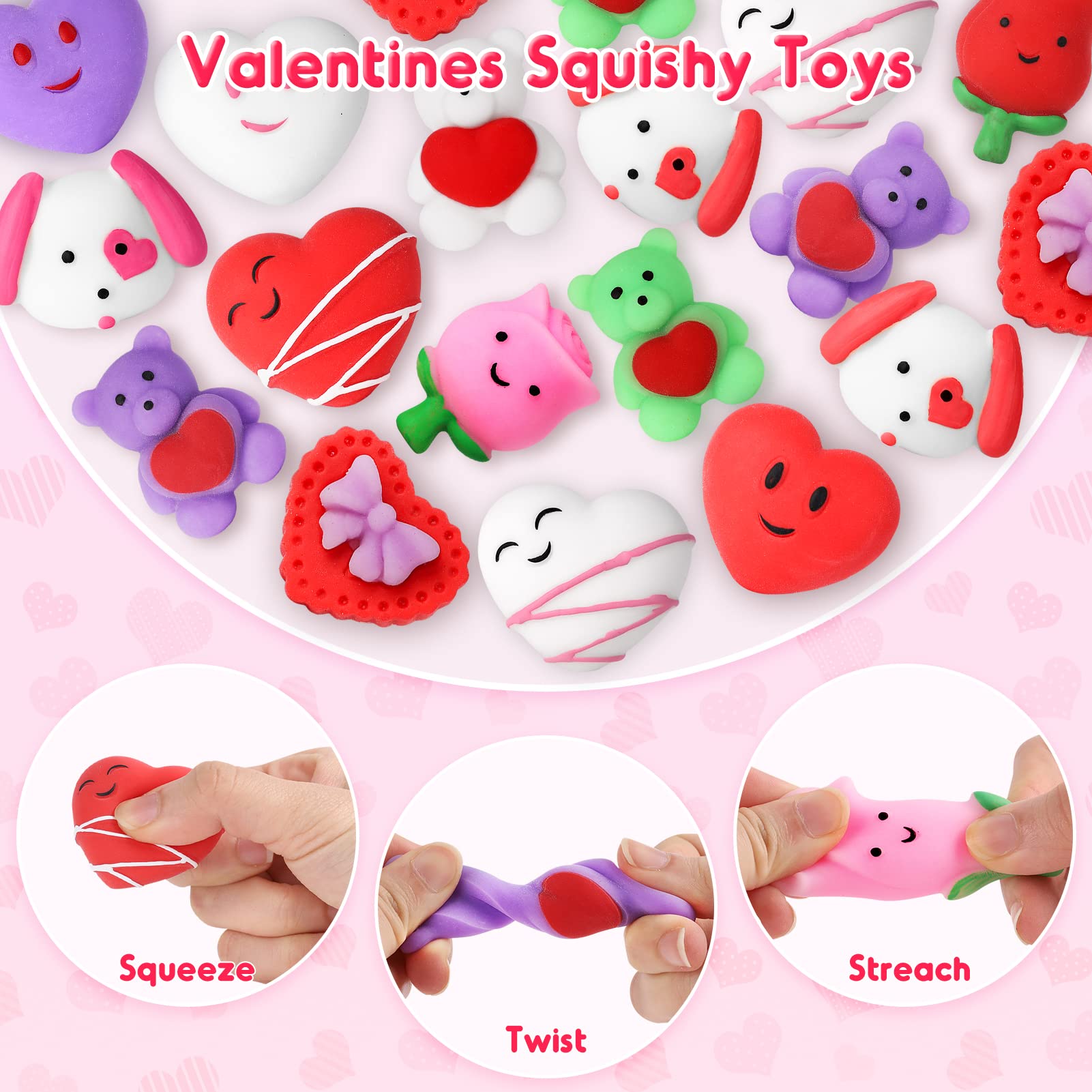 NPET 30-Piece Mochi Squishy Toys Set - Cute Heart, Rose & Bear Stress Relief Valentine's Day Gifts for Kids & Adults | Fun Sensory Fidget Toys for Anxiety Relief, Party Favors & Classroom Rewards