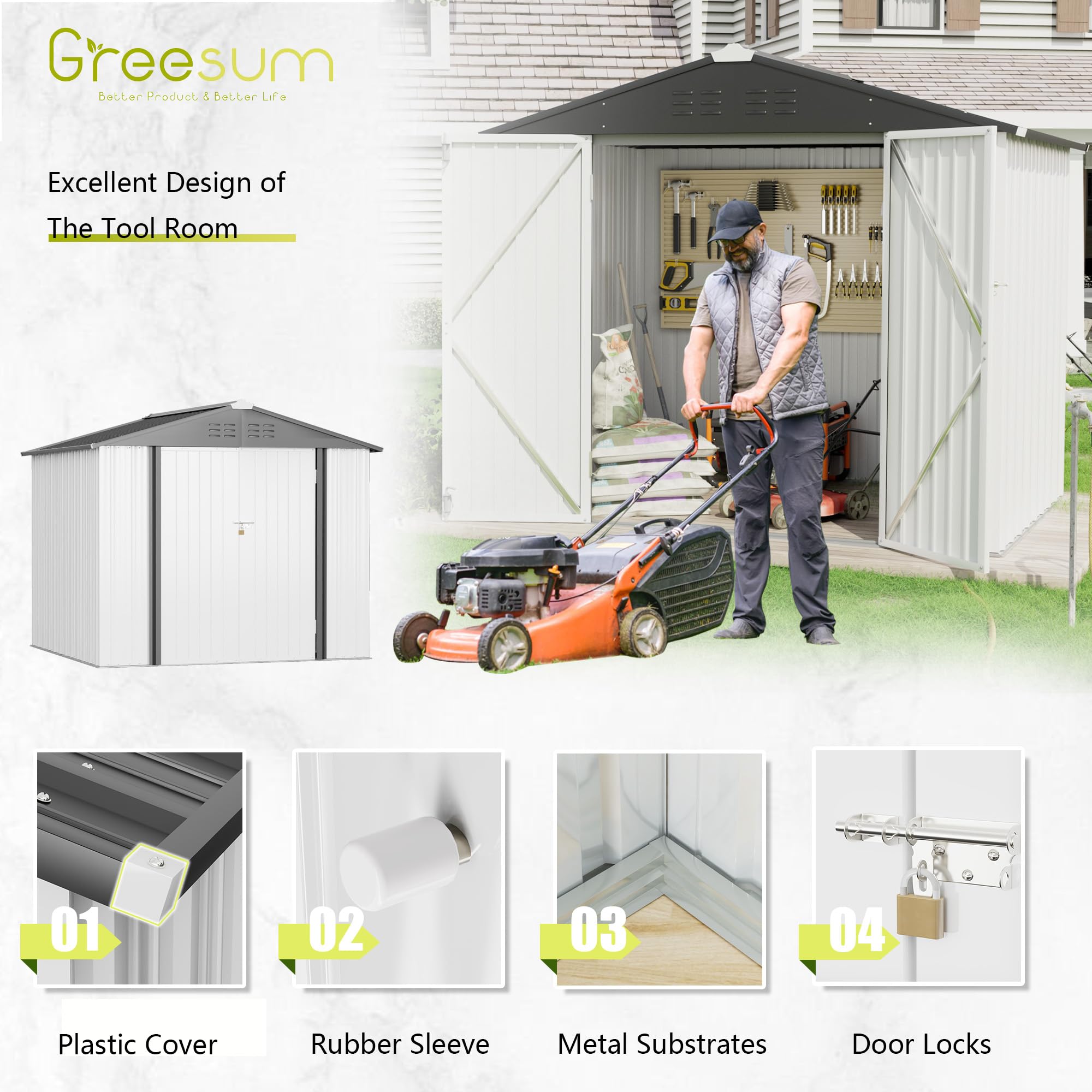 Greesum 8FT x 6FT Metal Outdoor Storage Shed - Heavy Duty Steel Utility Tool Shed with Secure Door Lock - Weather Resistant Garden Shed for Backyard, Patio, Lawn Equipment Storage (White) - Perfect for Storing Lawn Mowers, Gardening Tools & Outdoor Furniture