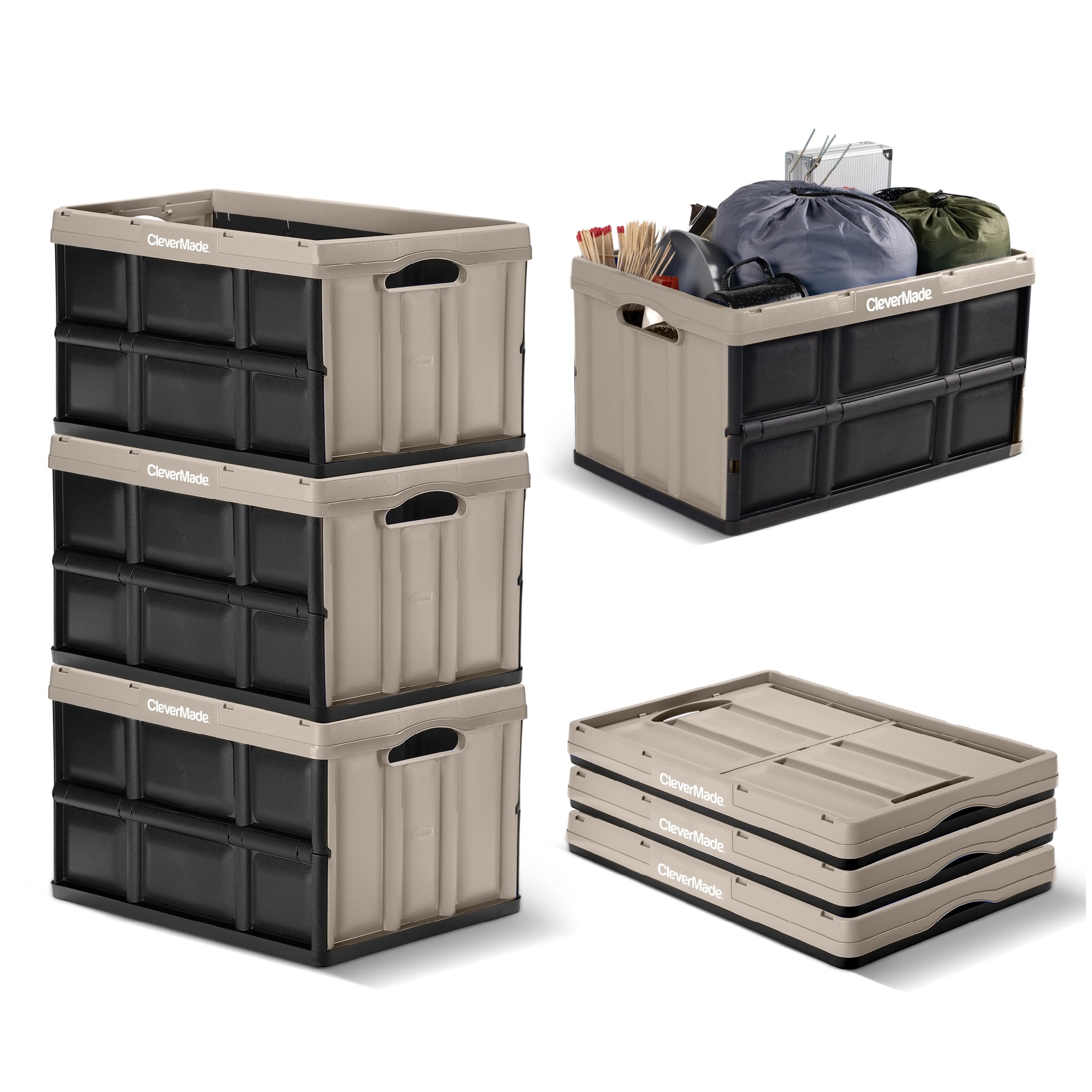 CleverMade 62L Collapsible Storage Bins 3-Pack - Heavy Duty Stackable Folding Crates for Home Organization | Space-Saving Tan Containers for Closet, Garage & Office Use
