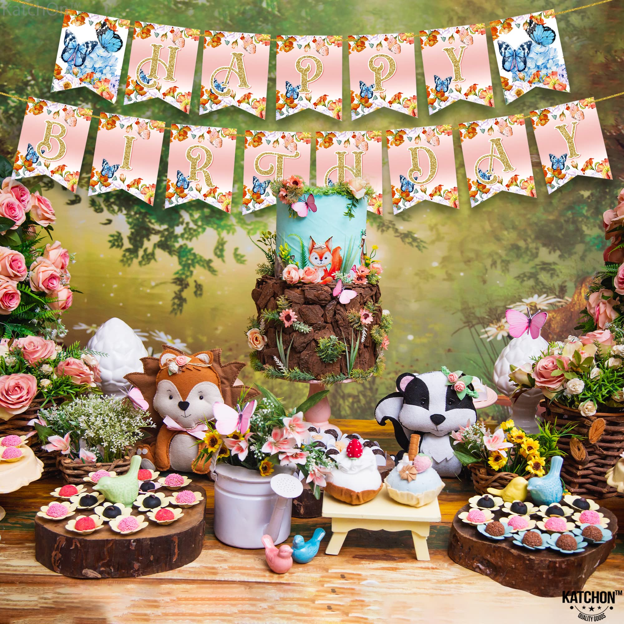 KatchOn Large Butterfly Happy Birthday Banner - Ready to Hang | Fairy & Butterfly Themed Birthday Party Decorations | Perfect for Indoor & Outdoor Birthday Celebrations, Baby Showers, and Fairy Garden Parties