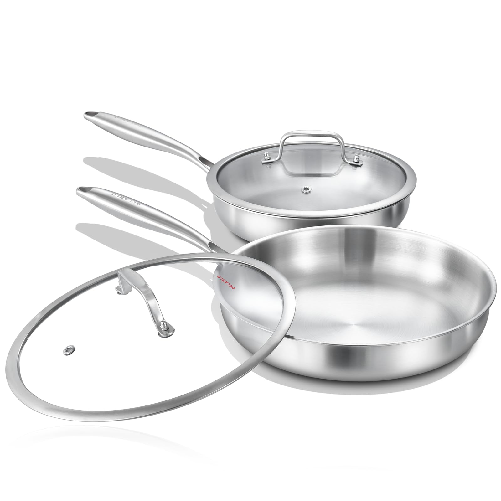 Premium DELARLO Tri-Ply Stainless Steel Frying Pan Set with Glass Lids (8