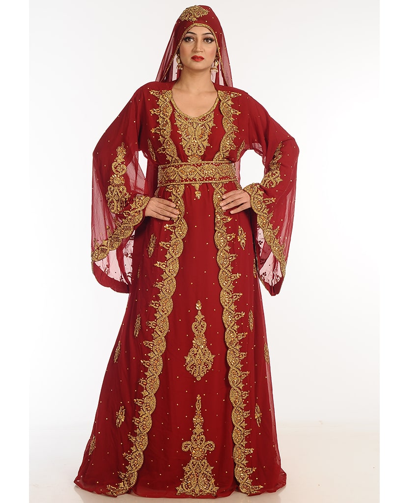 Elegant Arabic Maroon Georgette Kaftan with Hand Zari Embroidery - Perfect for Weddings, Parties & Special Occasions