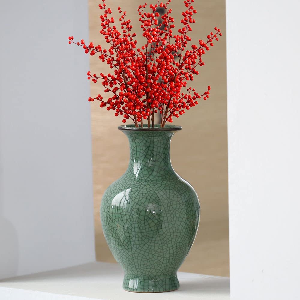 Handmade Antique Chinese Ceramic Vase - Ice Crack Glaze Porcelain Flower Vase for Home Decor, Wedding Centerpiece & Living Room Display (Green, Large)