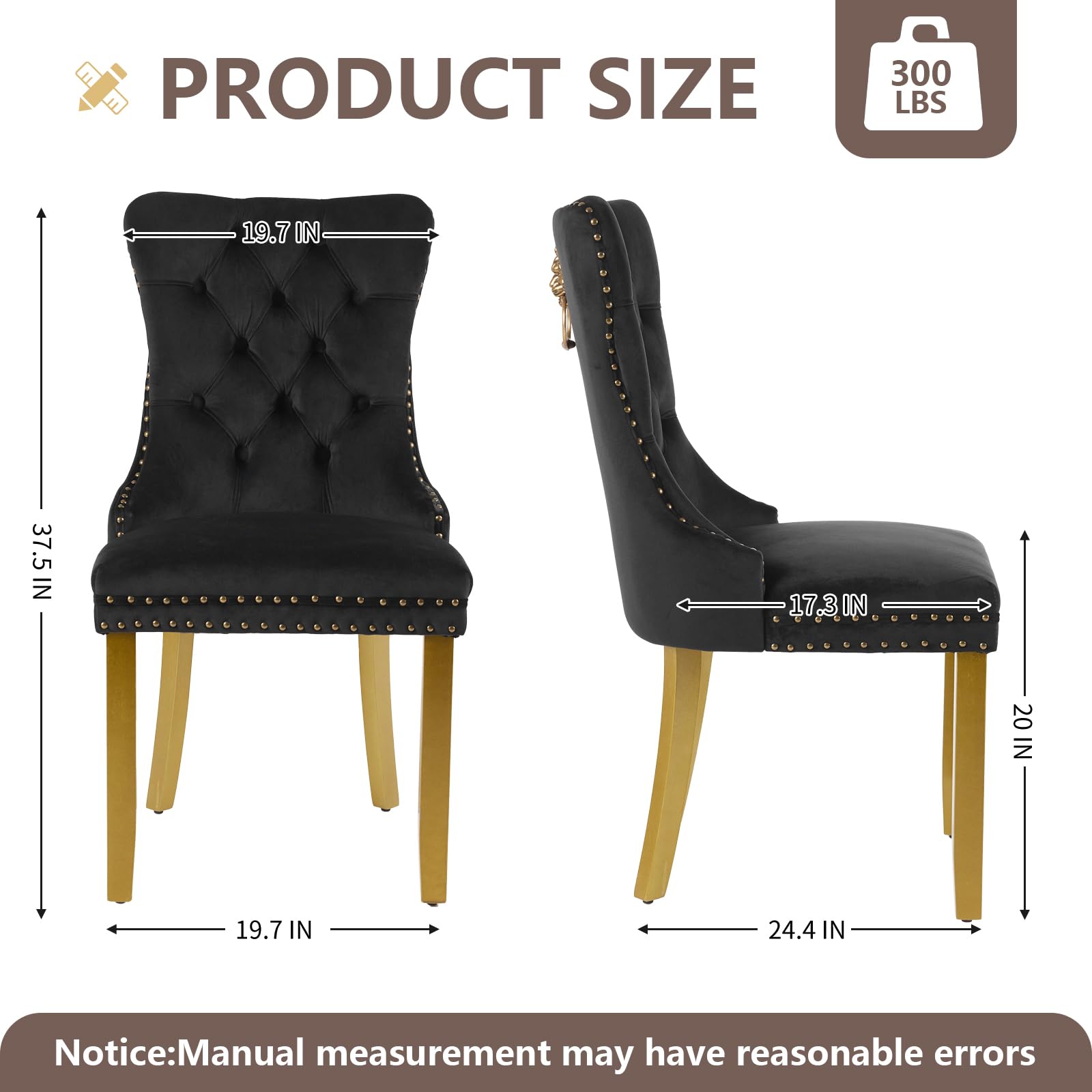 Luxury Velvet Dining Chairs Set of 4 - Modern Tufted Upholstered Kitchen Chairs with Lion Head Pulls & Solid Wood Gold Legs - Elegant Black Dining Room Chairs for Home, Restaurant, Wedding Decor