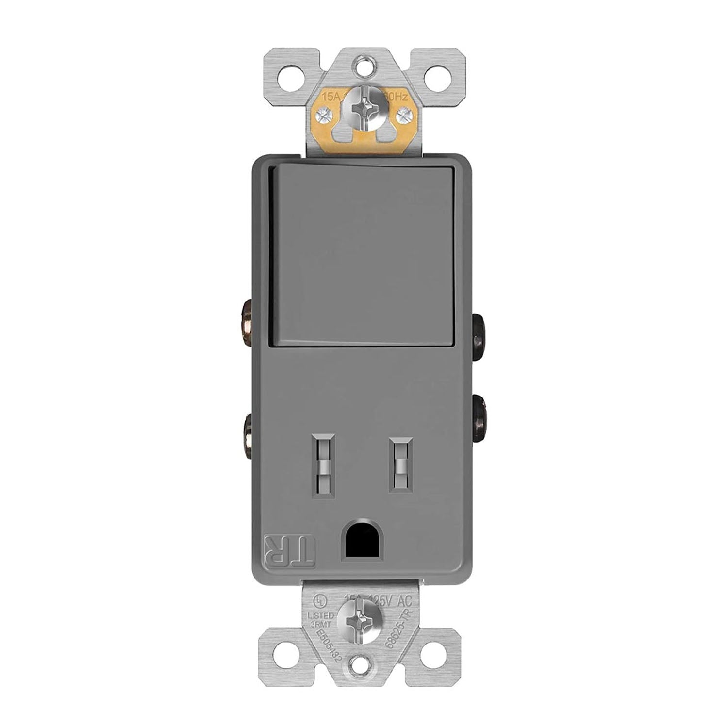 15 Amp Single Pole Light Switch with Tamper Resistant Outlet - Gray - Ideal for Home, Office & Commercial Electrical Installations