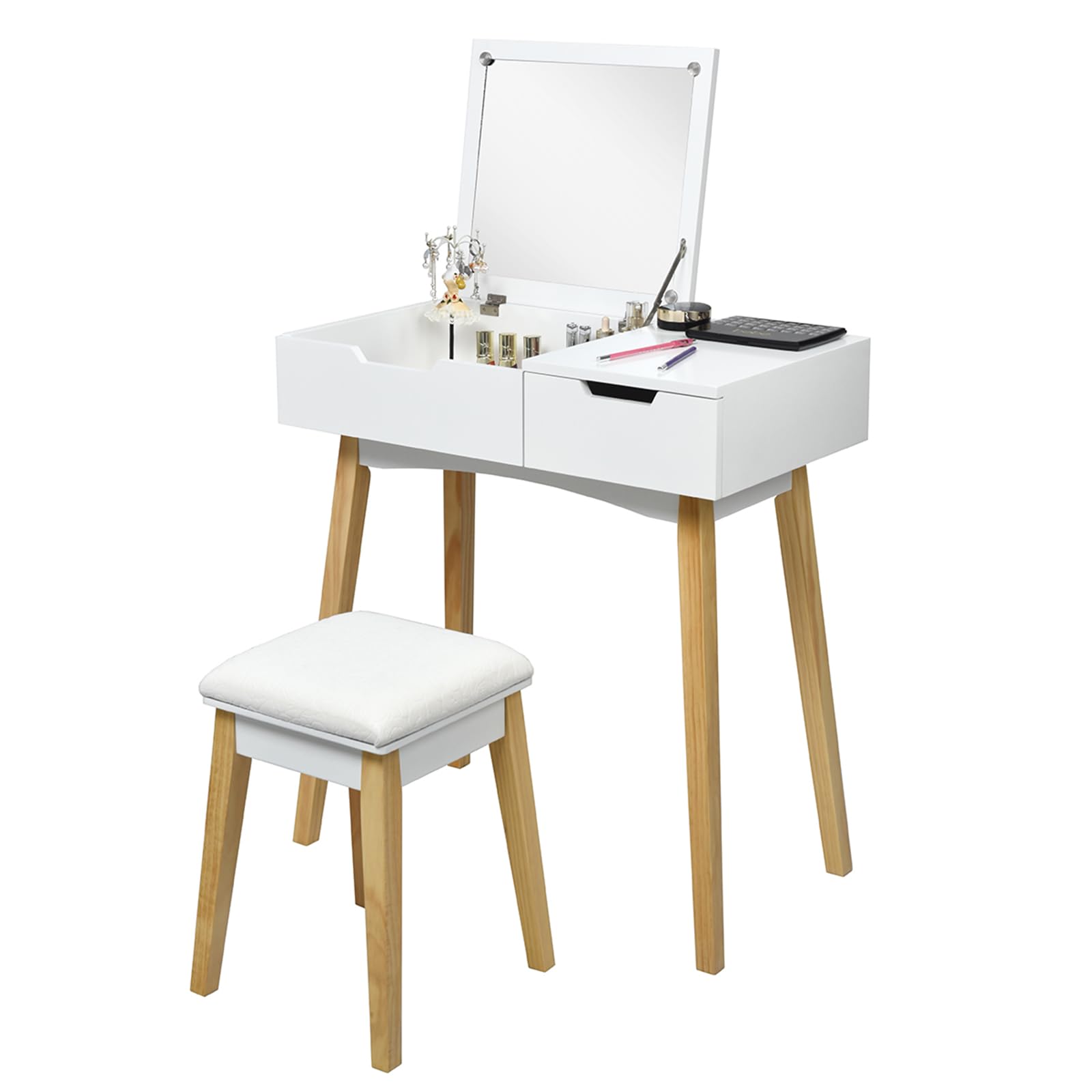 COSTWAY Makeup Vanity Table with Mirror and Stool, White Cosmetic Desk for Bedroom, Living Room - Perfect for Dressing, Applying Makeup & Organizing Beauty Products