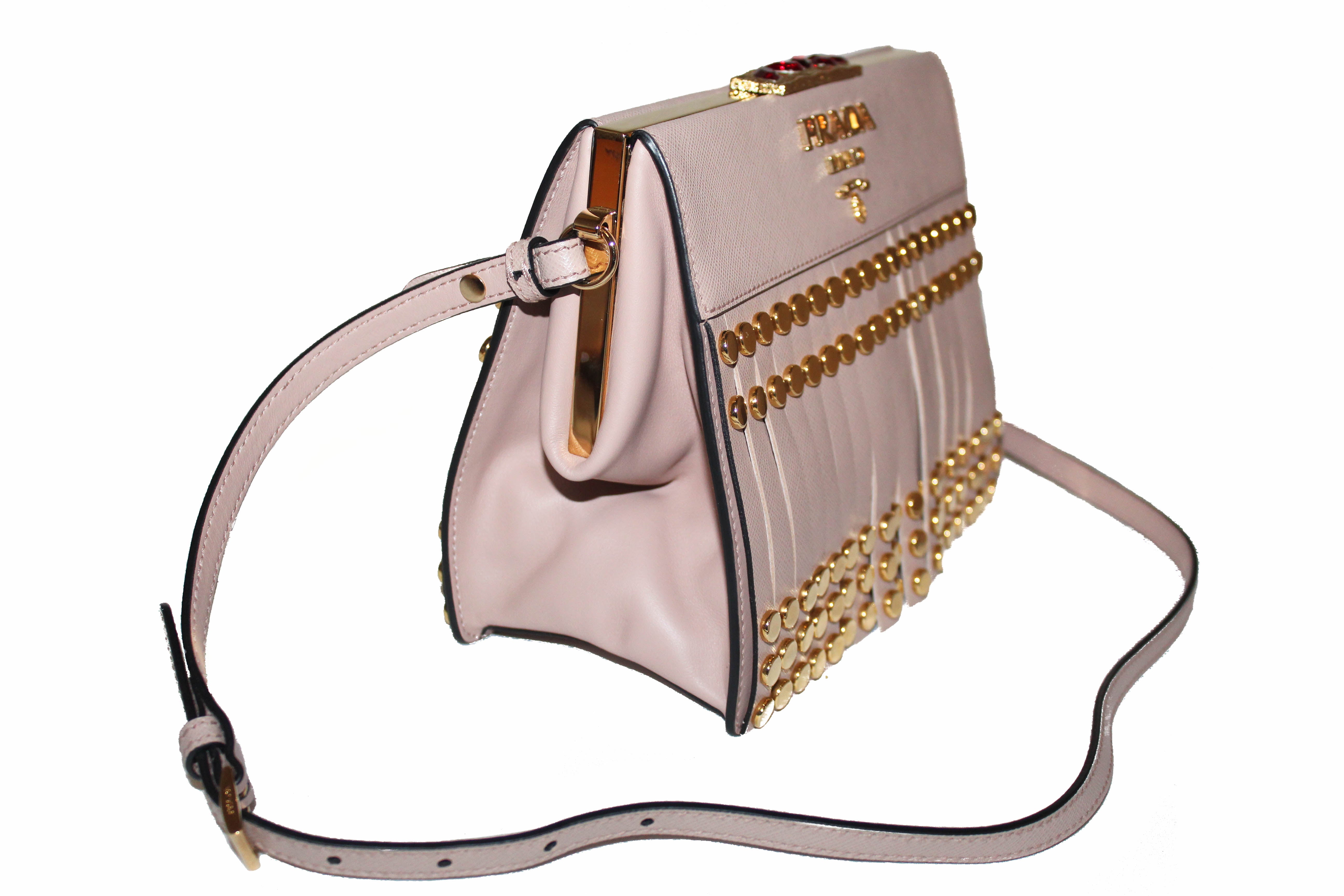 Authentic Prada Beige Blush Saffiano Leather Bag with Fringes & Studs - 1BC046 | Luxury Designer Handbag for Women, Perfect for Work, Evening Events & Travel