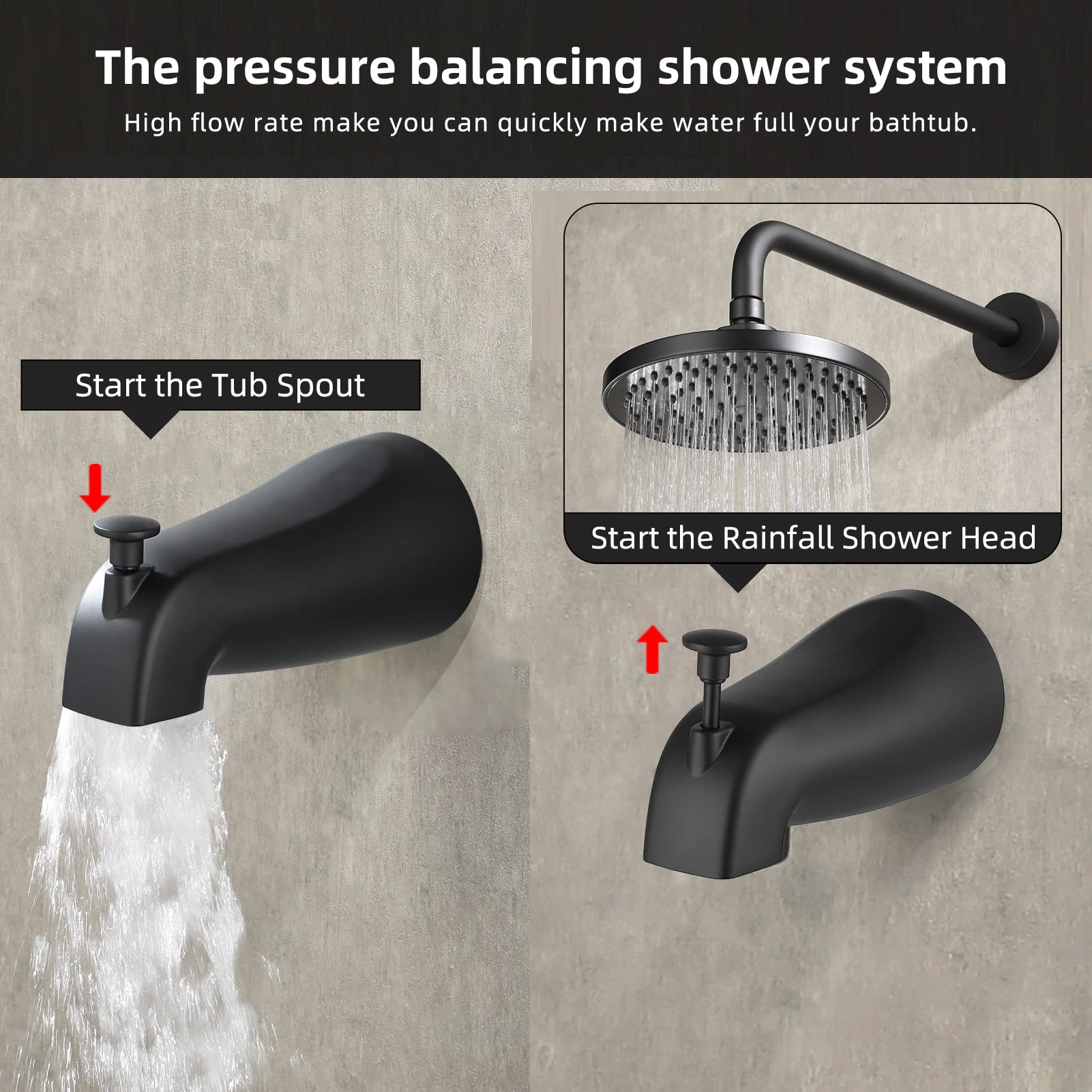 NEWATER Black Dual Function Shower Faucet Set with Tub Spout - Complete Shower Trim Kit (Includes Valve, 8 Inch Rainfall Shower Head) - Wall Mounted Mixer Shower System for Bathroom & Tub - Perfect for Modern Home Renovation & Spa-Like Shower Experience