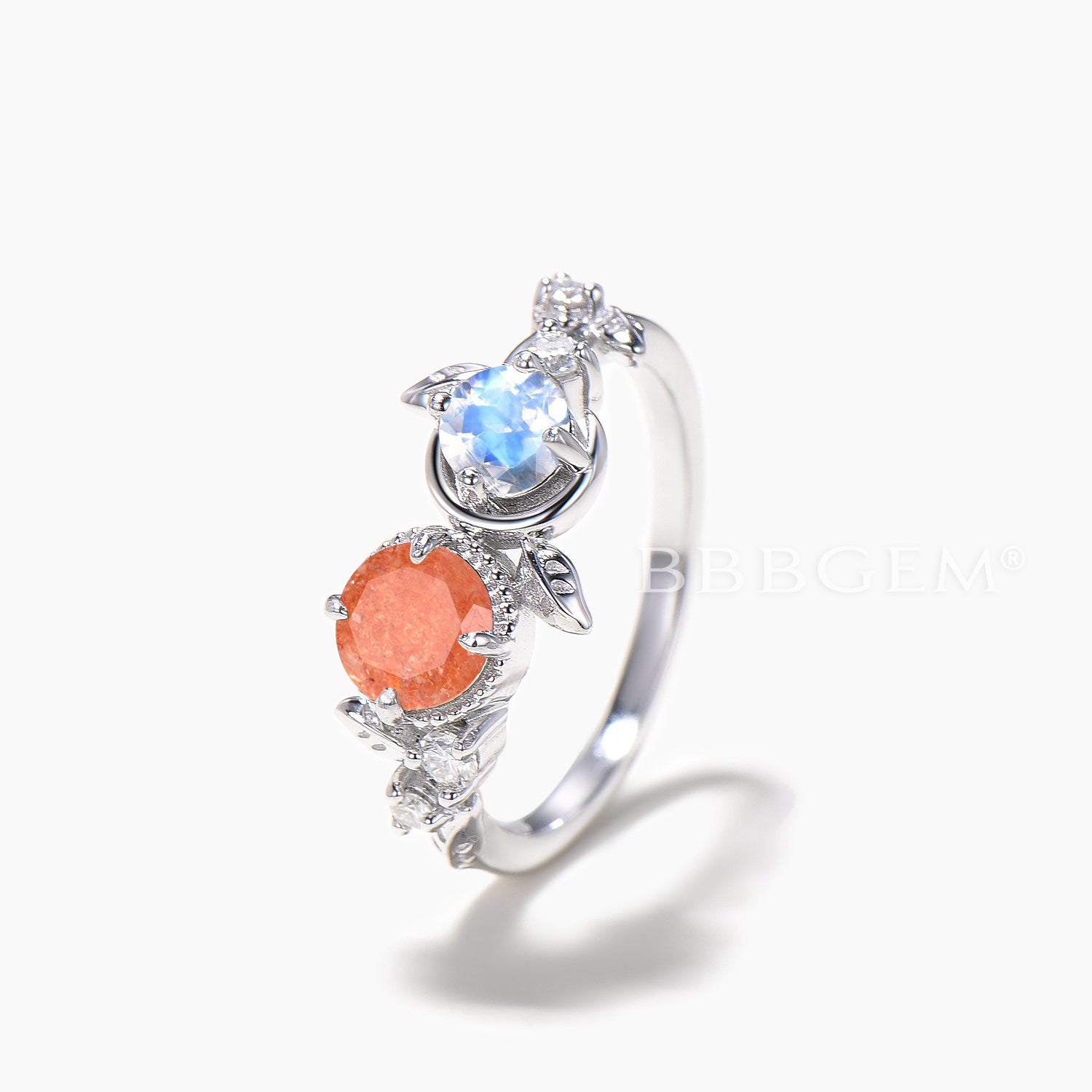 Natural Sunstone & Moonstone Toi et Moi Engagement Ring - Round Cut Leaf Design for Wedding, Promise, Anniversary & Special Occasions