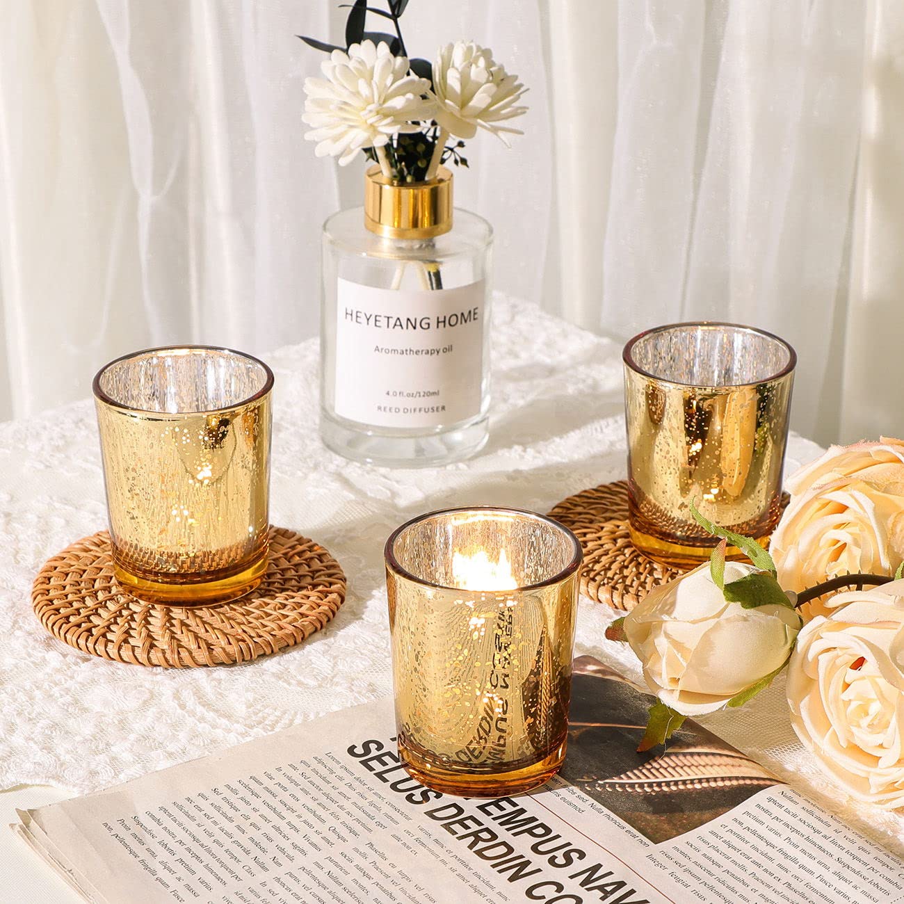 24-Piece Gold Votive Candle Holders Set - Elegant Mercury Glass Tealight Holders for Wedding Centerpieces, Valentine's Day & Bridal Shower Decor - Perfect for Table Decorations, Romantic Dinners, and Special Occasions