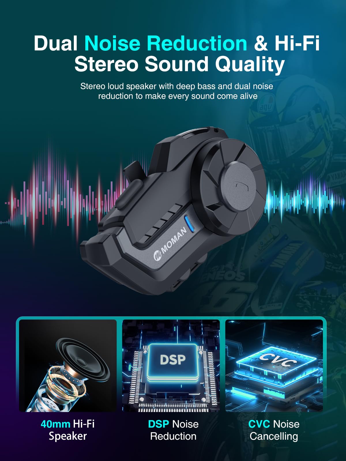 Moman H2 Pro Motorcycle Bluetooth Intercom Headset - Wireless 5.1 Communication System with DSP & CVC Noise Cancellation, AI Voice Assistant, Music Sharing (1 Pack, Black) - Perfect for Group Riding, Touring & Urban Commuting
