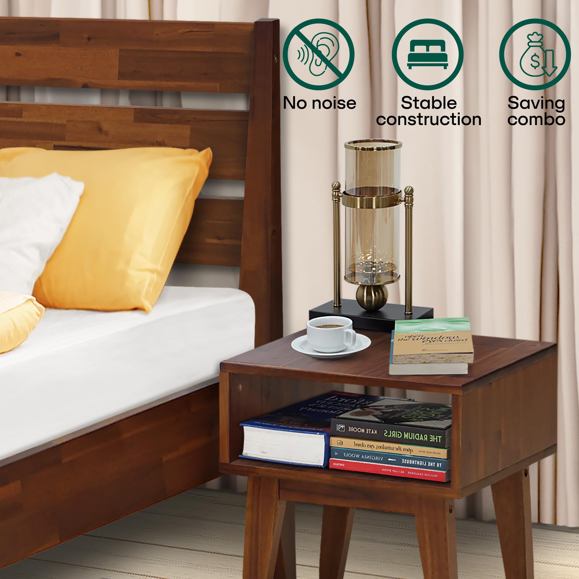 Acacia Emery Solid Wood Platform Bed Frame with Nightstand Set - Queen Size Walnut Wood Headboard & Bedside Table - Easy Assembly for Modern Bedroom Furniture