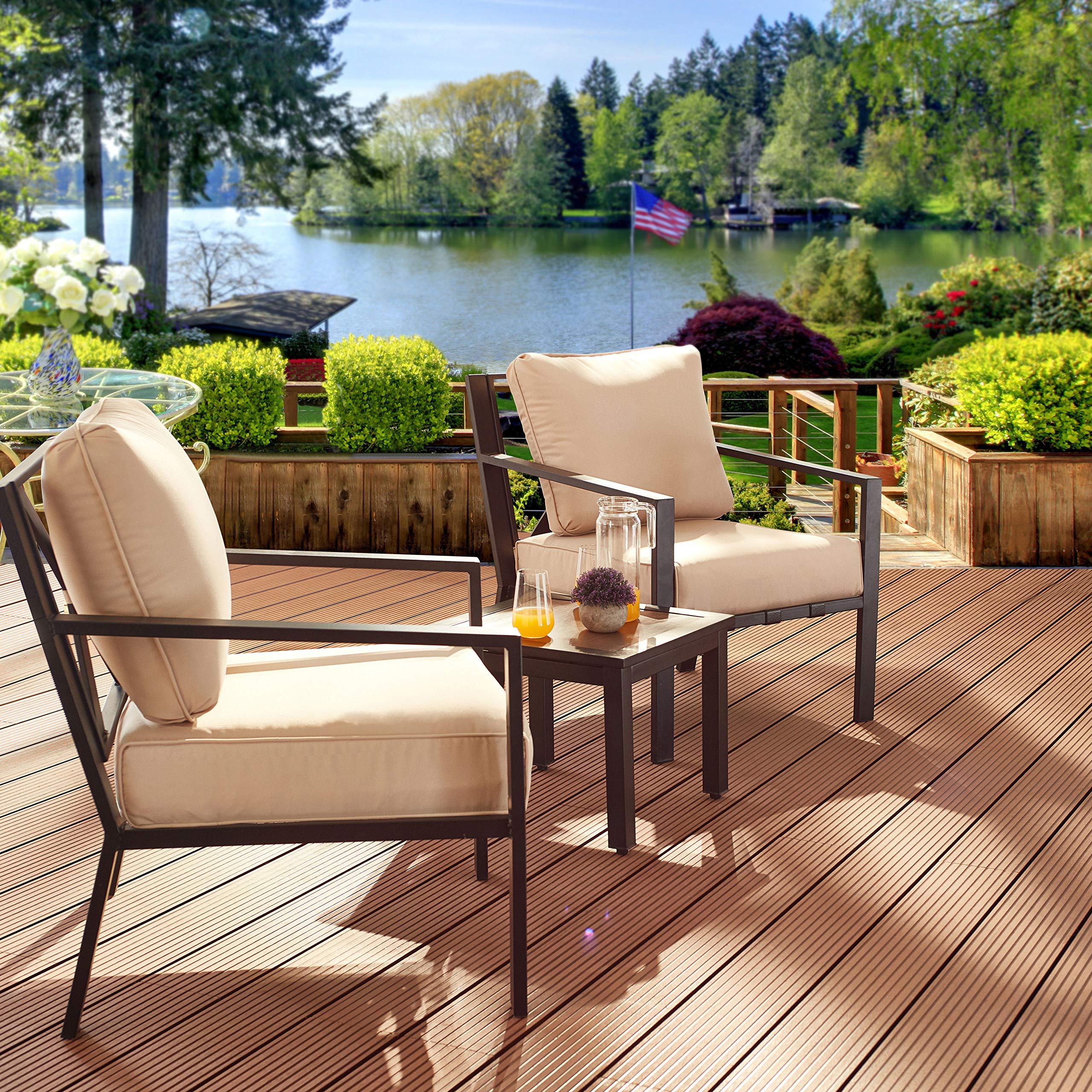 LOKATSE HOME 3-Piece Patio Bistro Set - Steel Outdoor Dining Set with Cushioned Chairs & Side Coffee Table - Beige Conversation Furniture for Garden, Balcony, Backyard & Poolside Relaxation