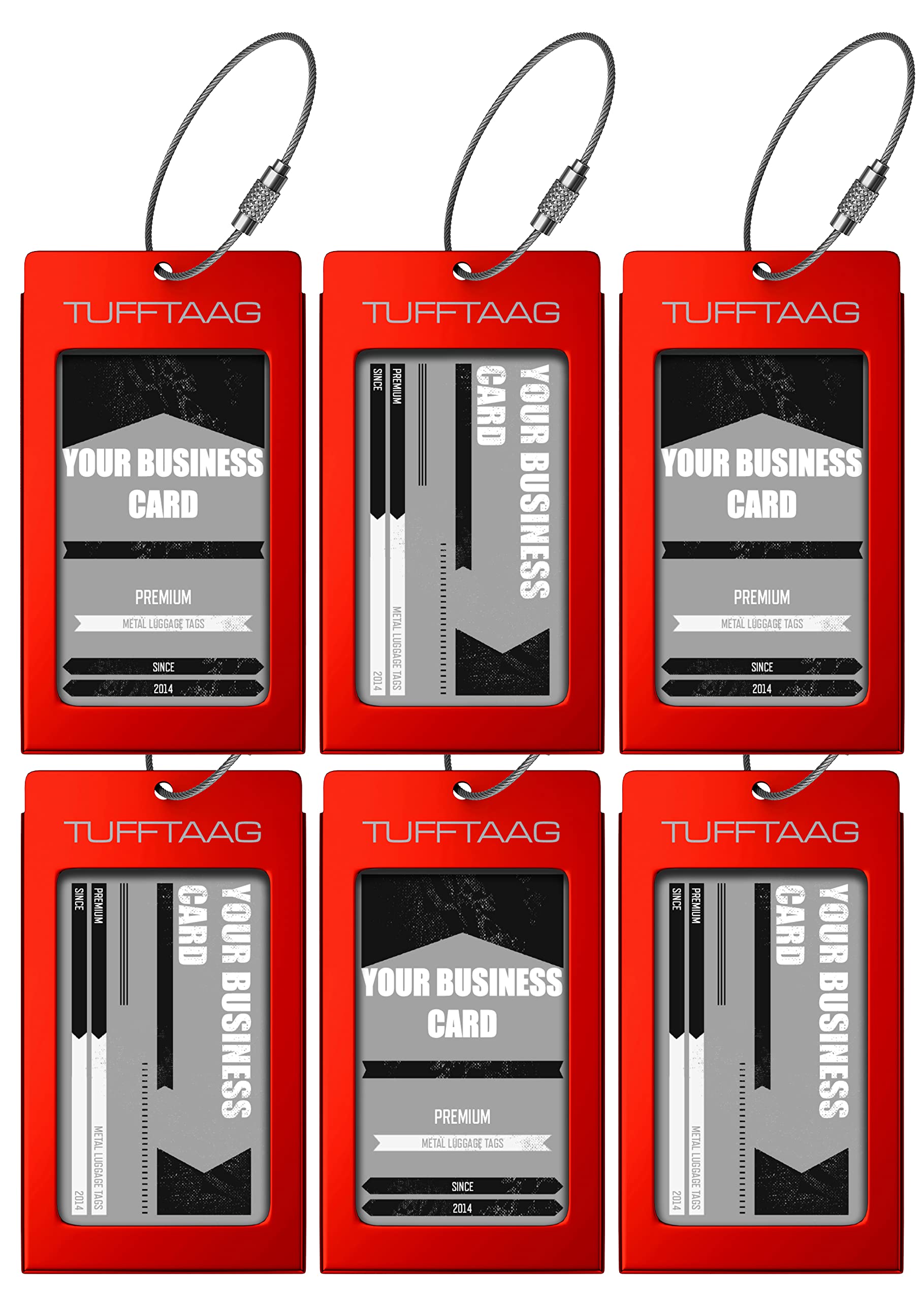 6 Pack Scarlet Metal Luggage Tags with Business Card Holder - Durable Suitcase, Backpack & Carry-On ID Tags for Travel Organization (Ideal for Business Trips, Vacations & Airport Security)