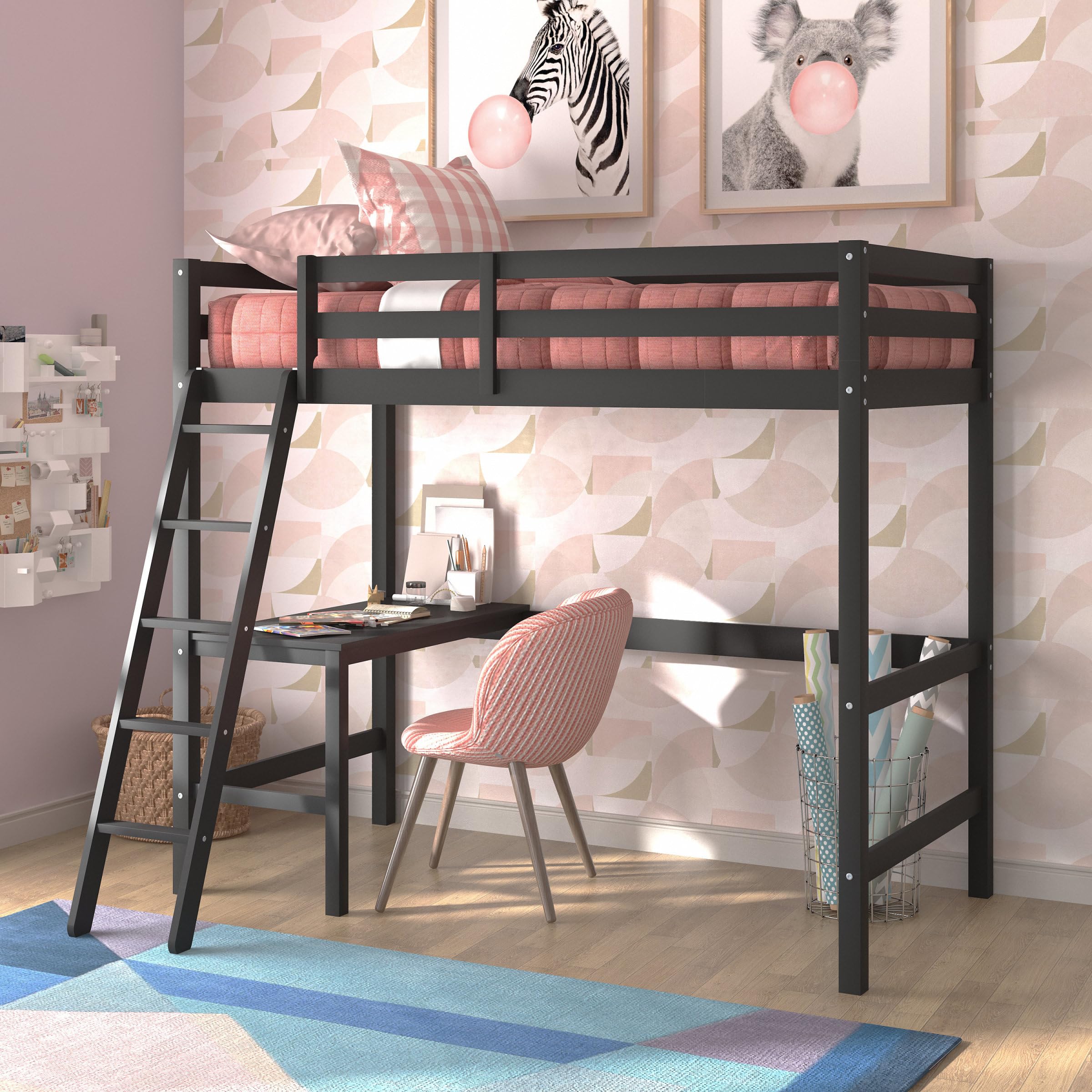 Hillsdale Caspian Youth Solid Wood Twin Loft Bed for Kids Room - Sturdy Black Wooden Bunk Bed with Ladder | Perfect for Small Spaces, Dorm Rooms & Kids Bedrooms