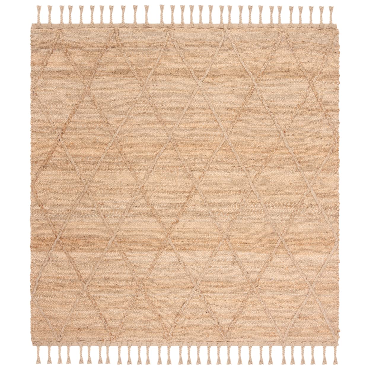 SAFAVIEH Natural Fiber Collection 8'x8' Square Jute Rug NF107B - Farmhouse Rustic Moroccan Trellis Braided Tassel Design - Premium Handwoven Area Rug for Living Room, Dining Room, Bedroom - Perfect for Boho, Coastal & Farmhouse Decor Styles