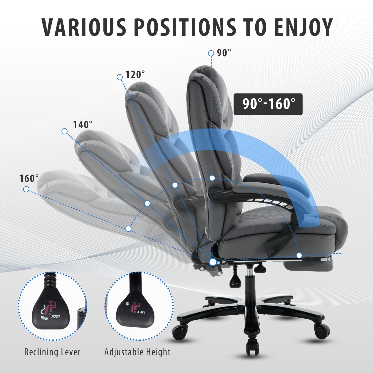 450lbs Heavy Duty Big & Tall Office Chair with Footrest - Ergonomic Reclining Leather Executive Desk Chair, Wide Seat for Back Support - Plus Size Managerial Chair in Gray - Perfect for Home Office, Gaming & Conference Rooms