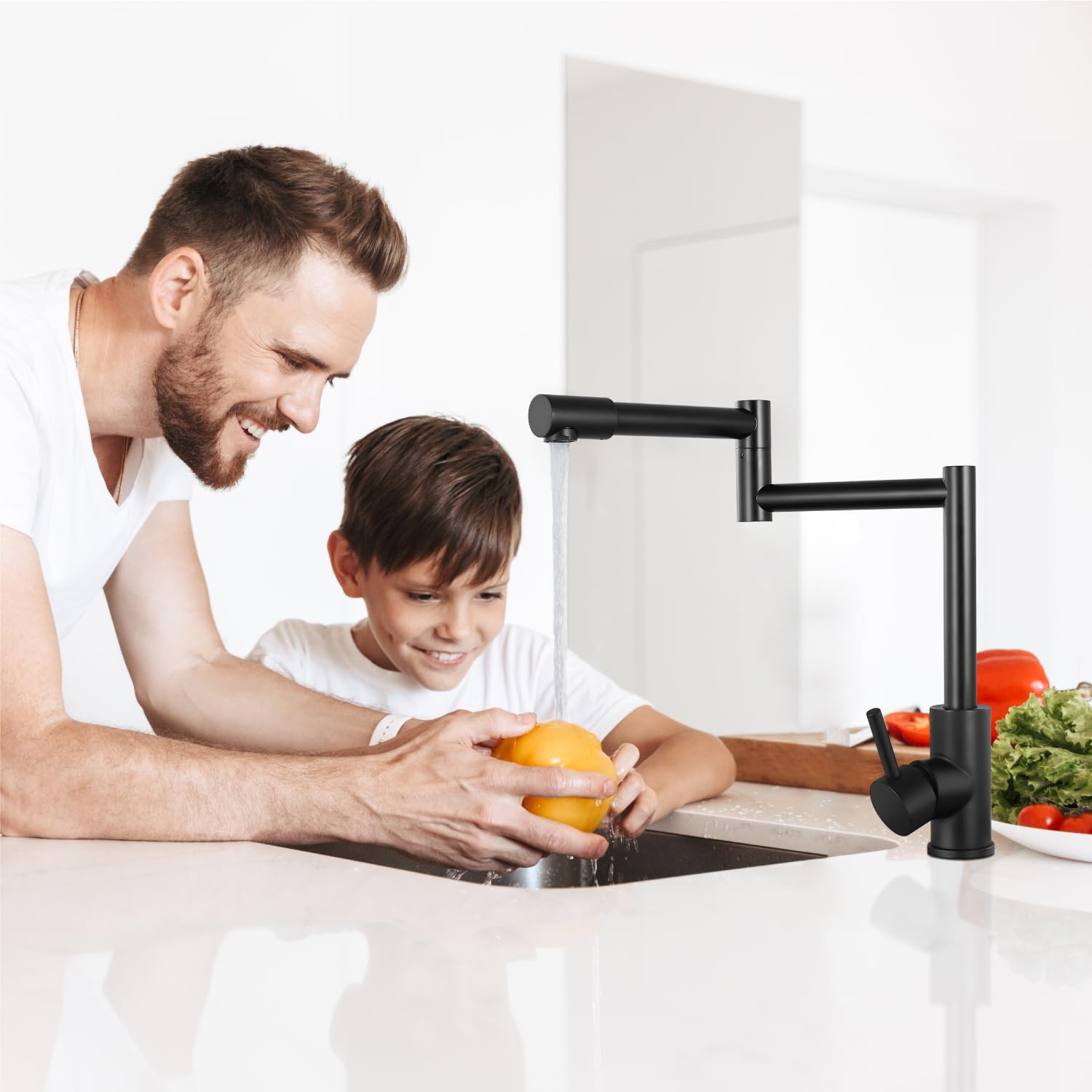 Stainless Steel Matte Black Deck Mounted Pot Filler Faucet - Hot & Cold Water Single Handle 360° Rotating Retractable Commercial Kitchen Sink Faucet - Perfect for Restaurants, Food Trucks & Home Chefs