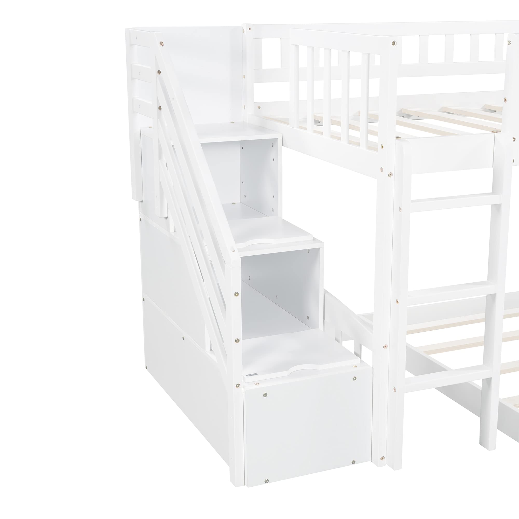 Harper & Bright Designs Twin Over Twin Bunk Bed with Slide, Stairs & Storage Drawers - Solid Wood Low Bunk Bed with Guardrails for Kids & Teens - Space-Saving Bedroom Furniture for Small Rooms, Sleepovers & Guest Rooms (White, No Box Spring Needed)