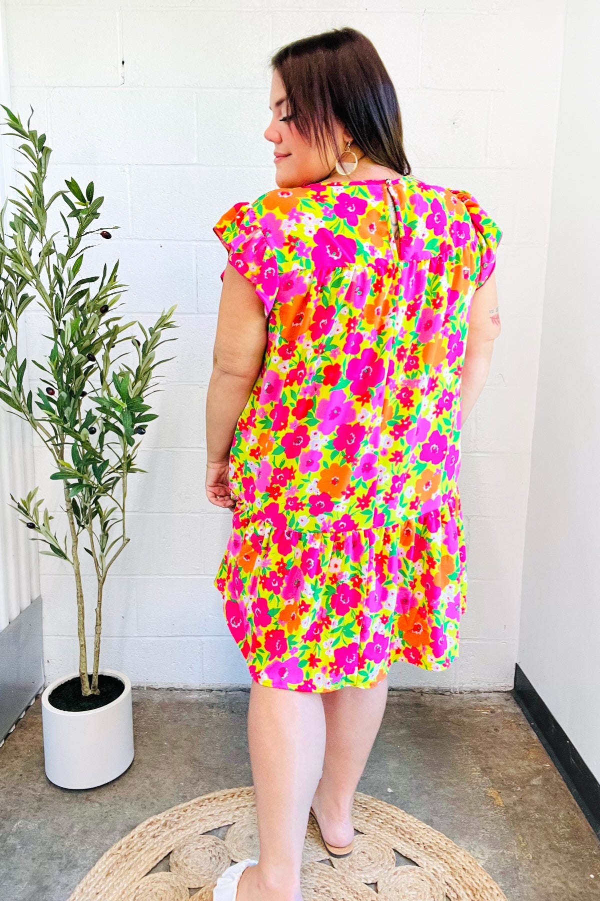 Be Charming Lime & Pink Floral Print Tiered Ruffle Sleeve Dress - Women's Summer Party Dress for Weddings, Garden Parties & Date Nights