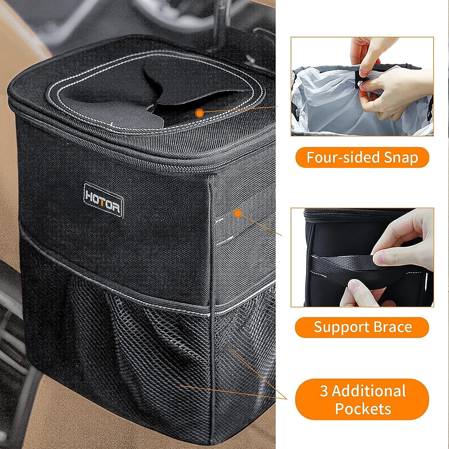HOTOR 3 Gallon Car Trash Can - Large Capacity Waterproof Vehicle Organizer with Adjustable Straps & Magnetic Snaps - Perfect for Road Trips, Camping & Daily Commute - Black